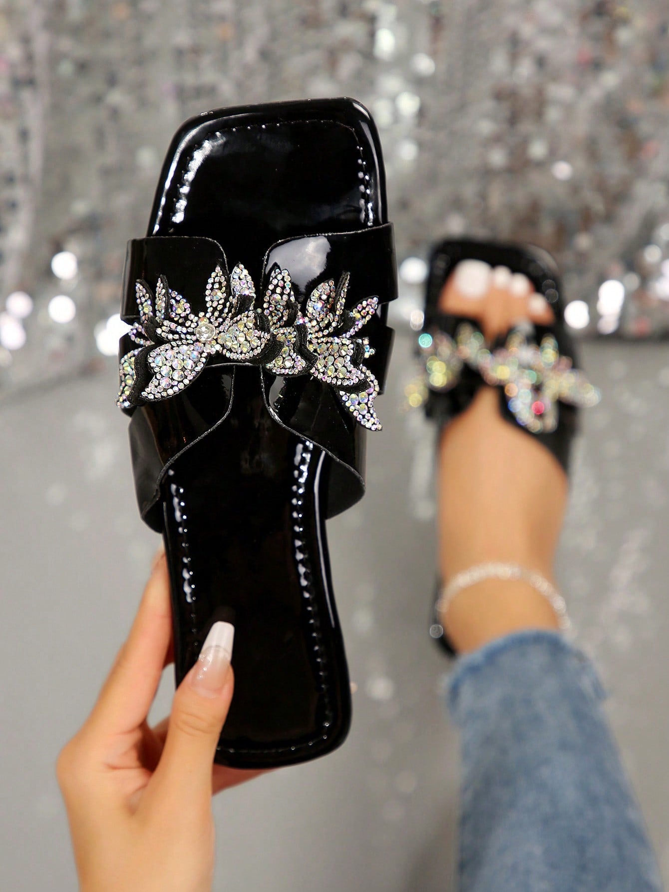 Women Sandals 2024, Flat Rhinestone Slippers, Fashionable Round Toe Large Size Women Shoes, Butterfly Slippers Women