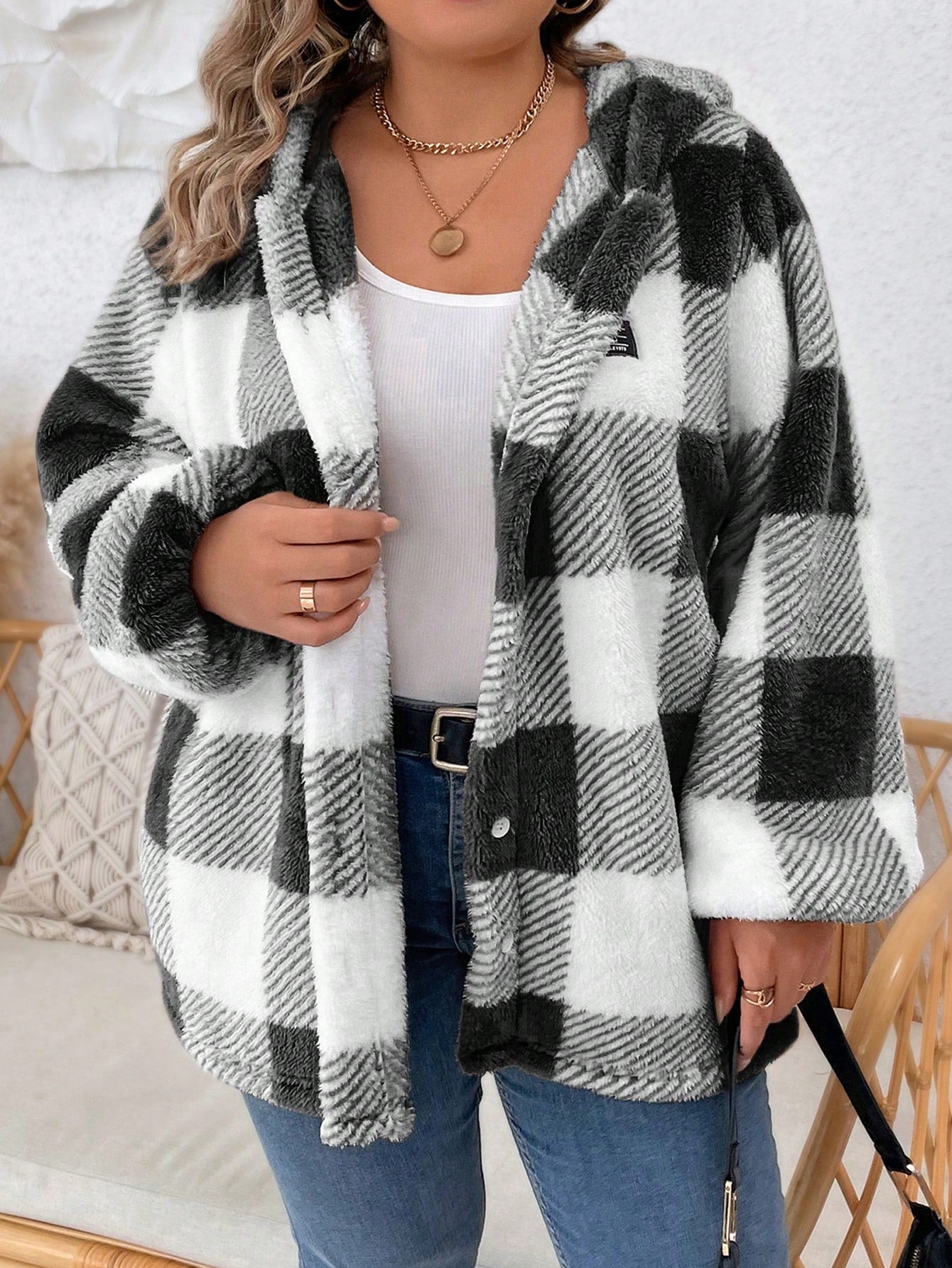 Plus Buffalo Plaid Pattern Drop Shoulder Hooded Flannel Jacket