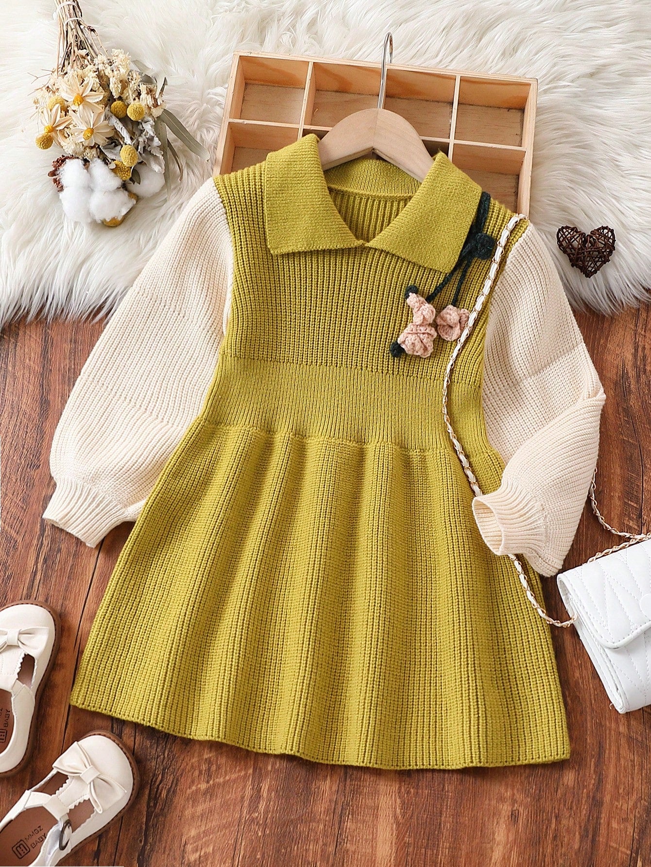 Baby Girls Autumn New Arrival Thick Knit Turtleneck Lantern Sleeve Sweater Dress, Handmade Crochet Contrast Color Patchwork Bell Sleeve Dress, Warm Winter Elegant Holiday Travel Outfit