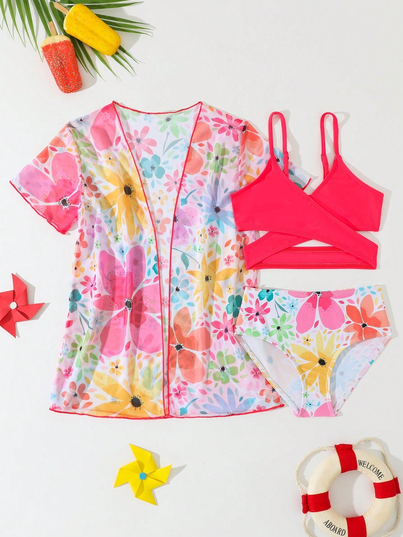 Young Girl Floral Print Criss-Cross Bikini Set With Short Sleeve Open Front Kimono