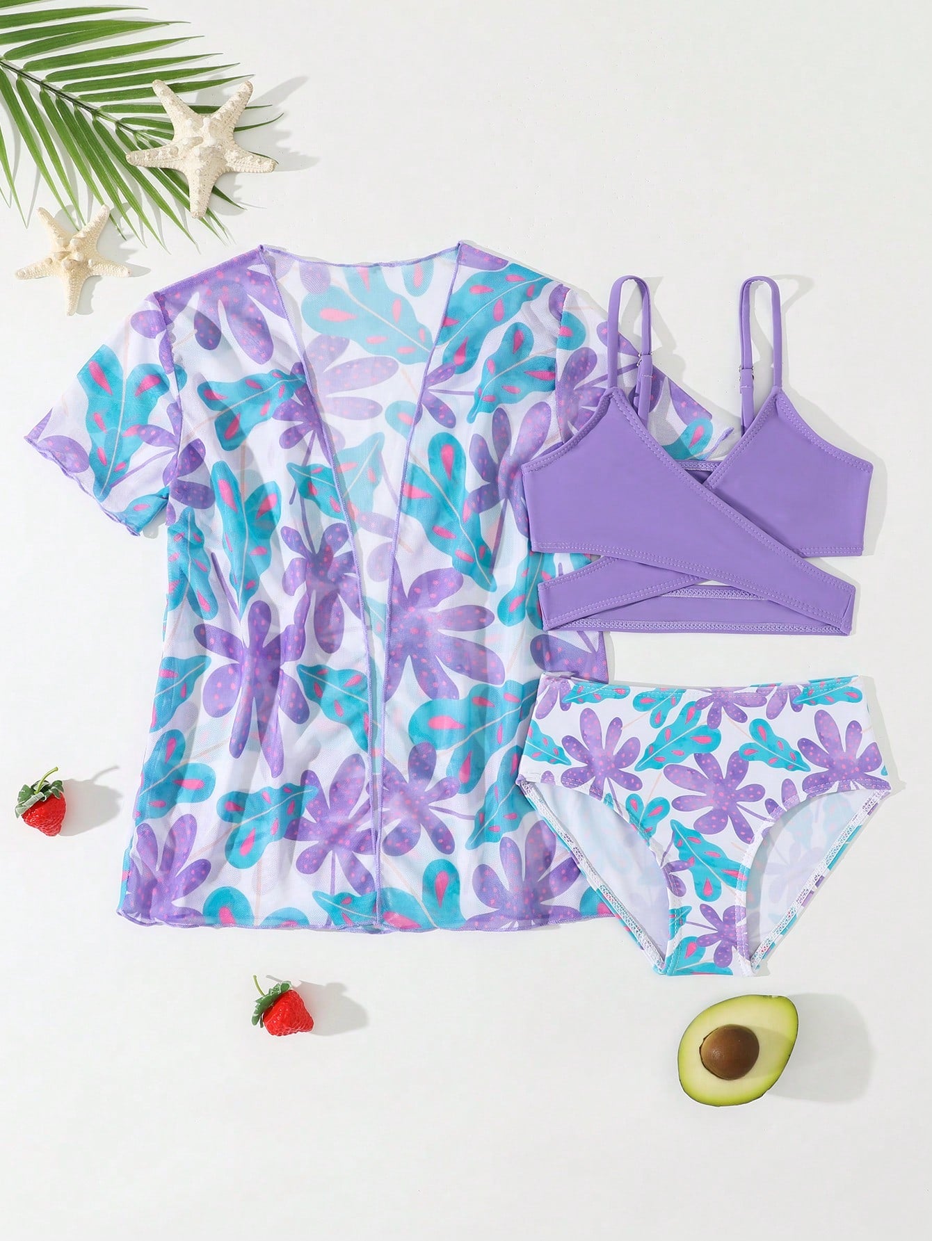 Young Girl Floral Print Criss-Cross Bikini Set With Short Sleeve Open Front Kimono