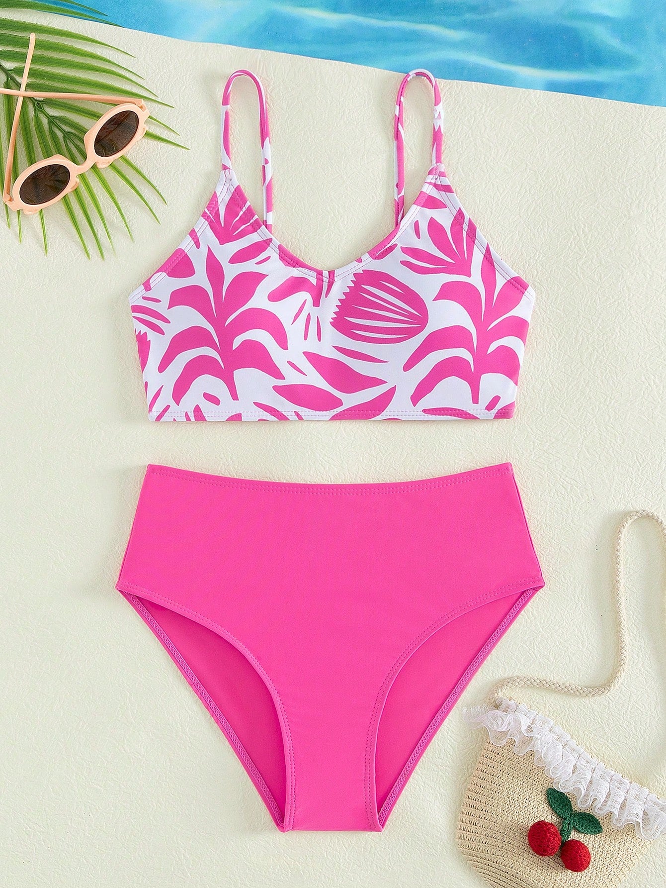 Tween Girl Summer Beach Plant Printed Spaghetti Strap Top With Solid Color Triangle Bottom Bikini Set