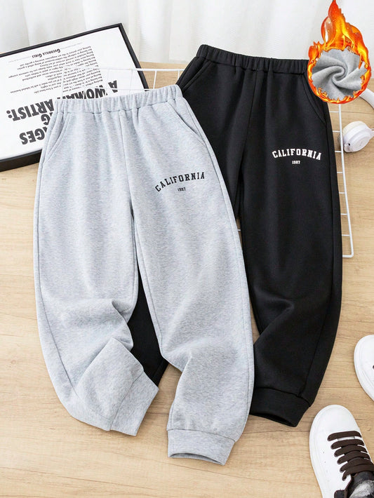 2pcs/Set Tween Boys Casual Letter Print Pattern Loose Solid Color Knit Pants, Sweatpants Set In 2 Designs