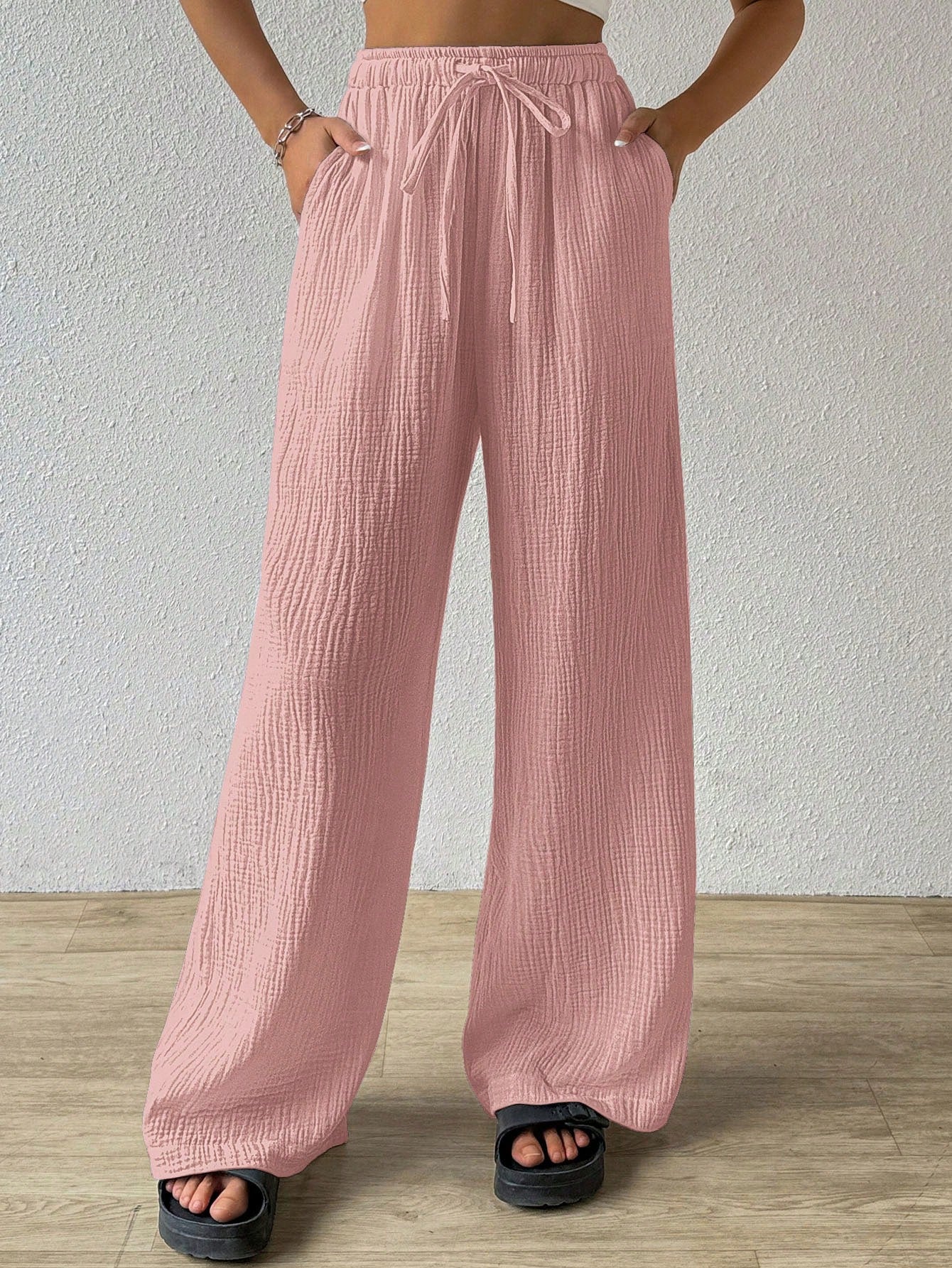 Cotton  Loose Texture Wrinkle Fabric Drawstring Waist Long Pants