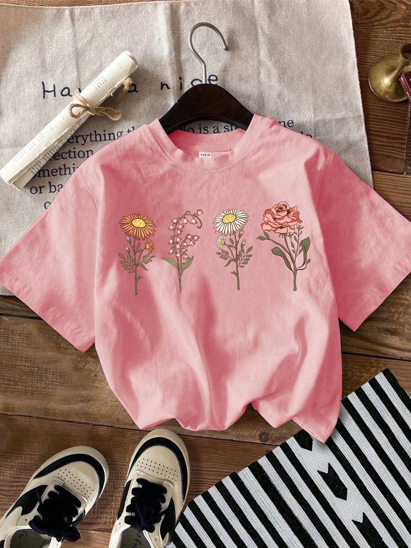 Floral Print, Tween Girl's Simple Short Sleeve Round Neck T-Shirt Suitable For Spring And Summer