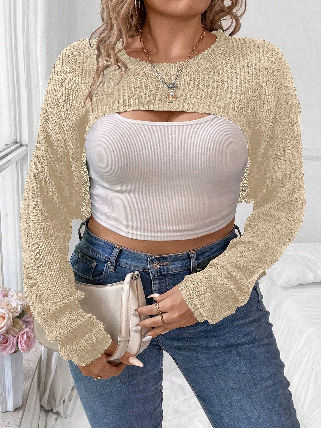 Plus Drop Shoulder Super Crop Sweater Without Cami Top