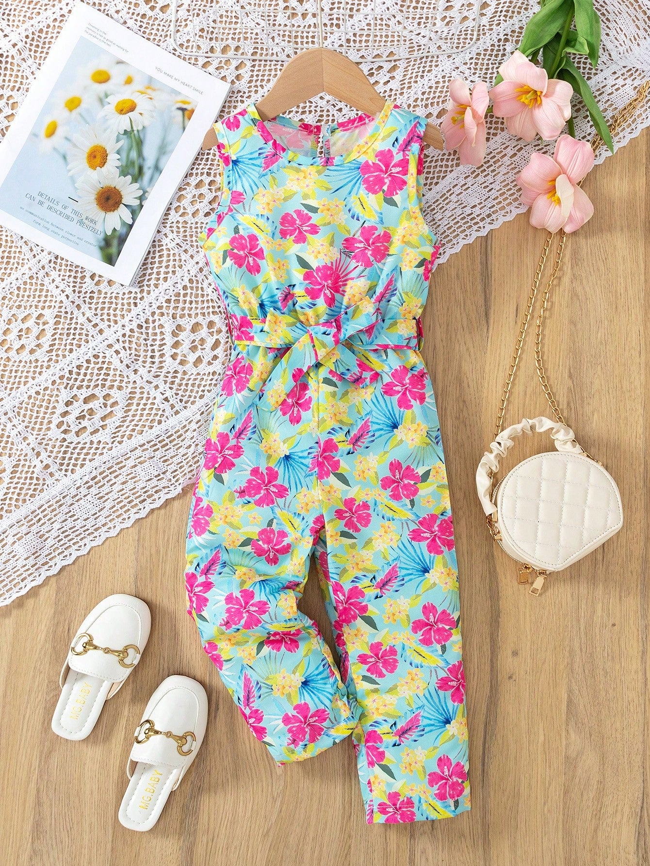 Young Girl Tropical Printed Waist-Tied Jumpsuit With Vest Top