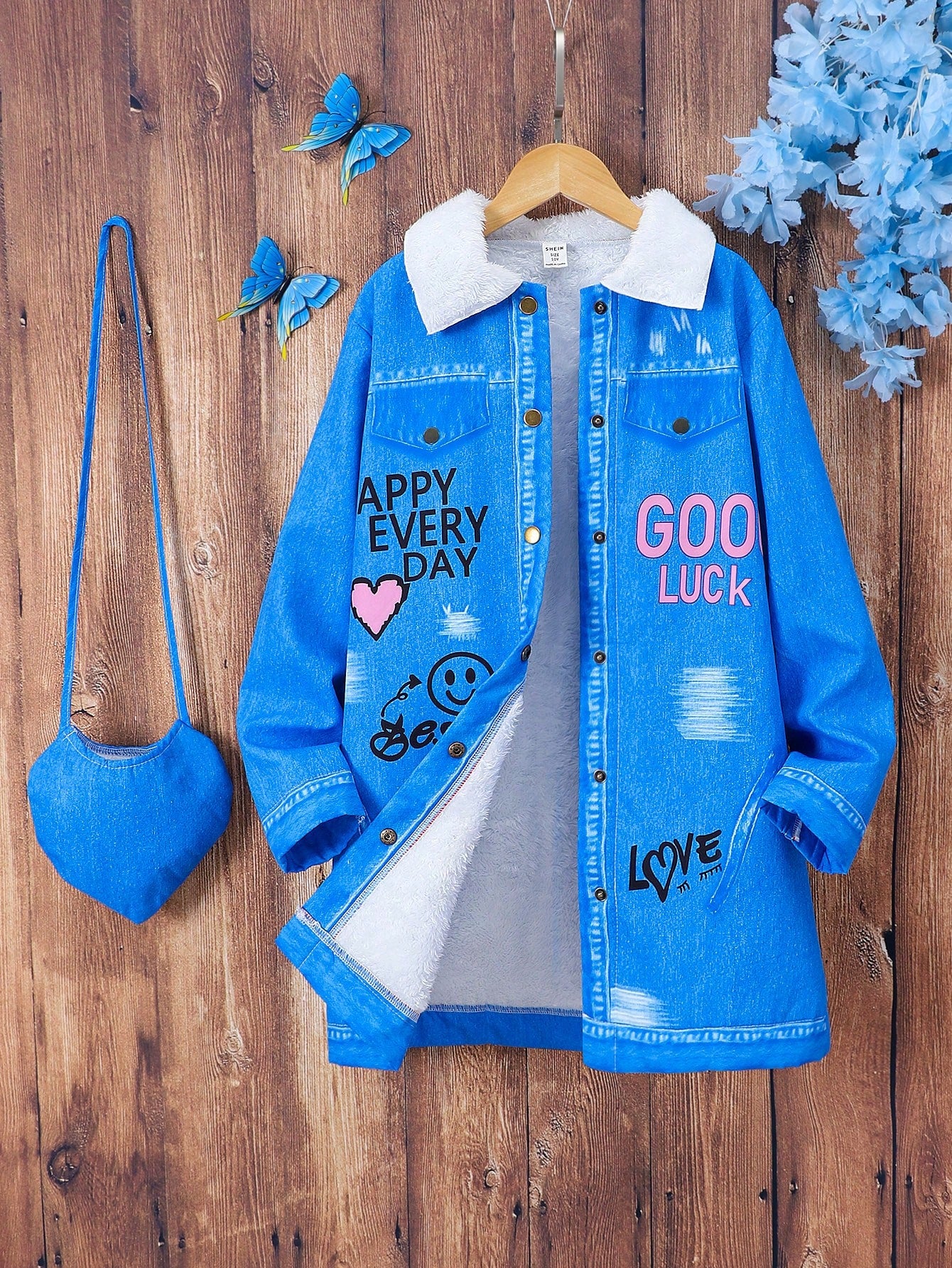 Tween Girl Casual Faux Denim Letter Print Mid-Length Fleece Jacket For Autumn/Winter