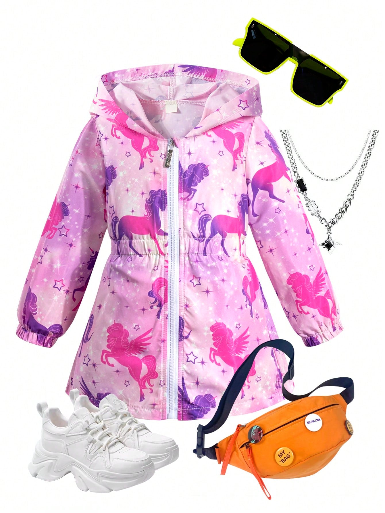 Streecool Kids 1pc Young Girls' Cool And Chic Hooded Outerwear With Dreamy Starry Unicorn And Fluorescent Print, Long Sleeve, Thin & Waist-Fitting, Perfect For Spring And Autumn Outdoor Hiking Leisure Sports