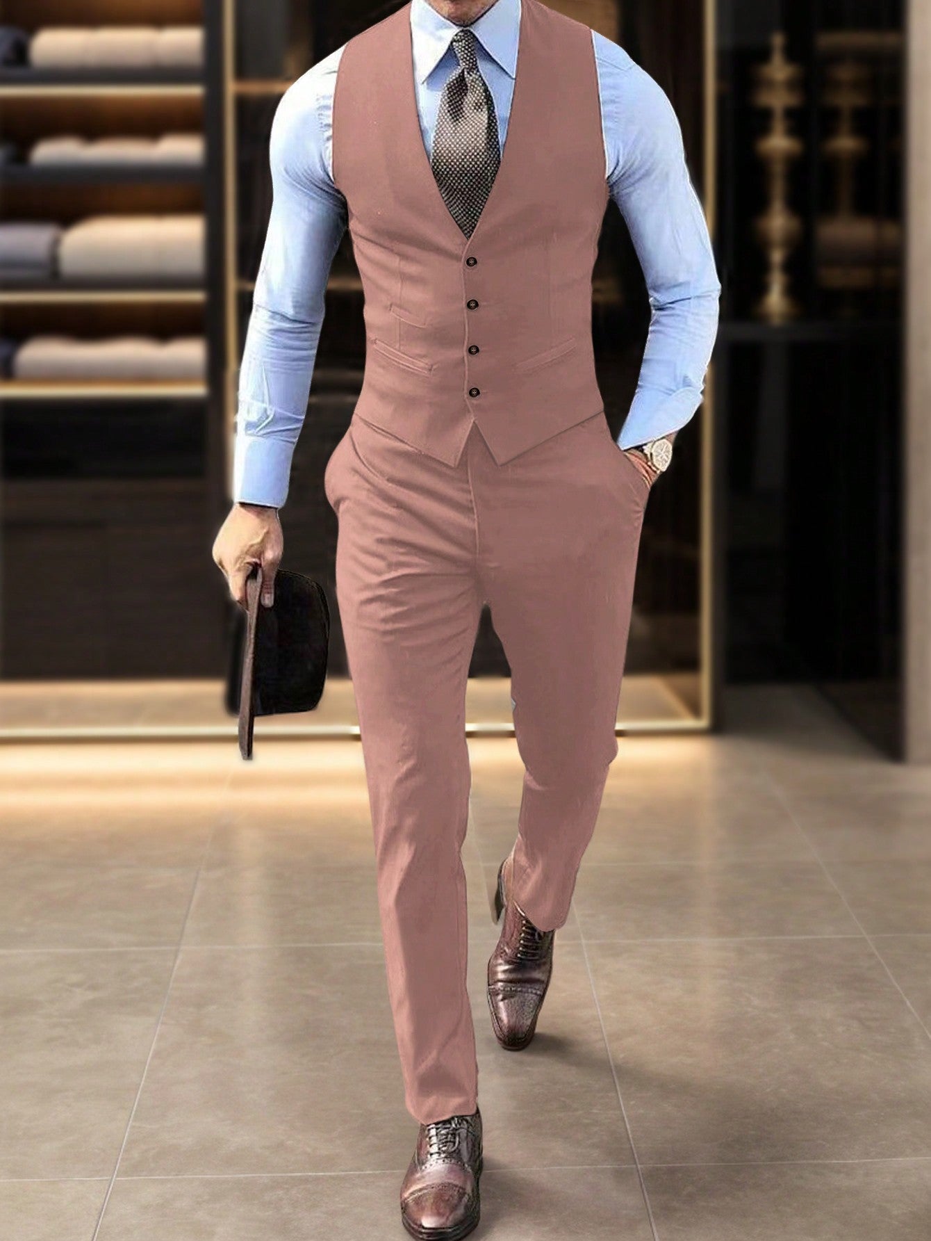 Men's Solid Color V-Neck Button Front Suit Vest And Pants Suit