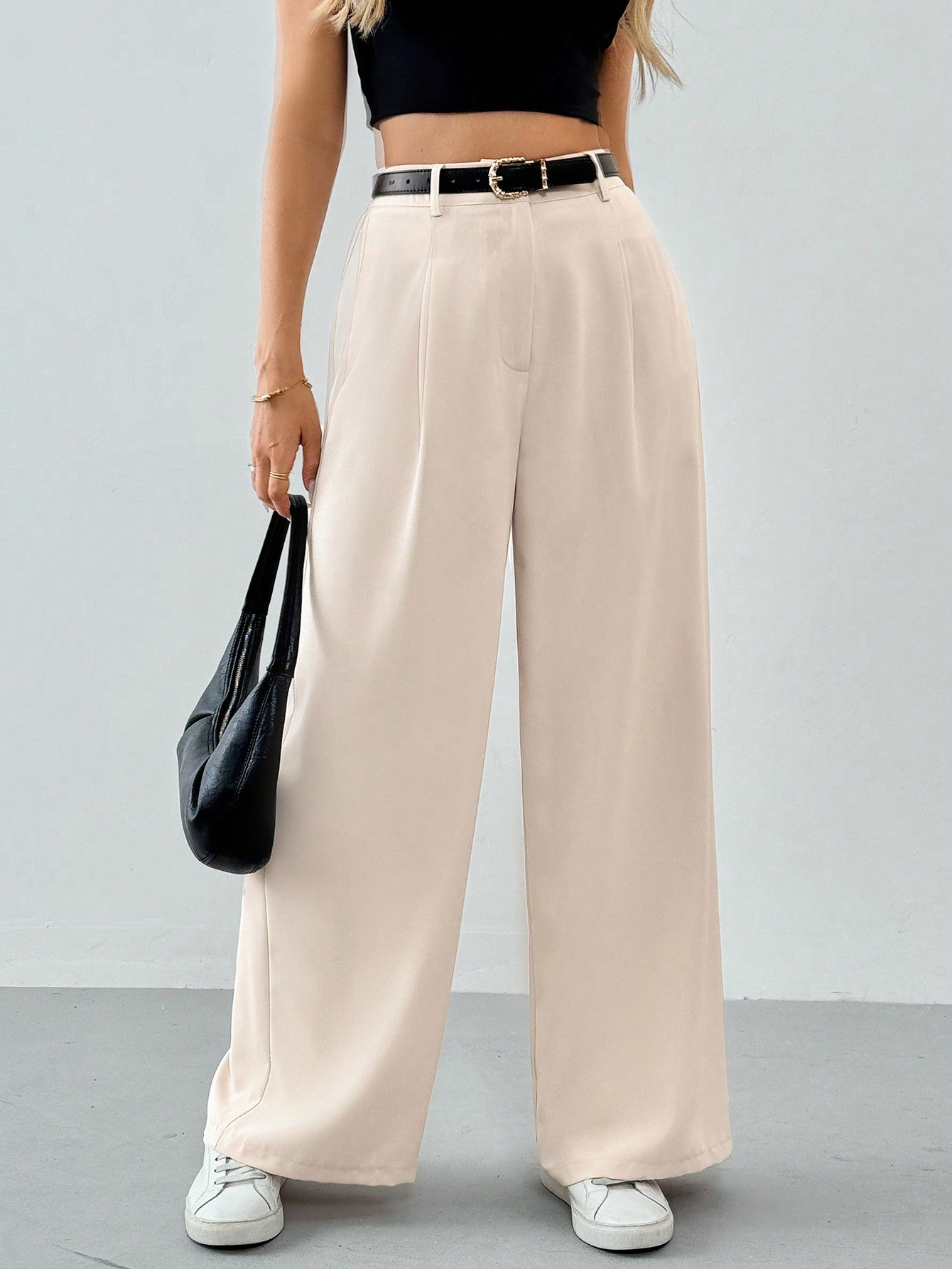 Tall Women's Pleated High Waist Belted Wide Leg Casual & Commuting Pants In Beige