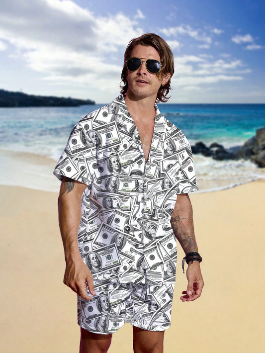 Men's Money Bill Print Short Sleeve T-Shirt And Shorts Beach Outfit