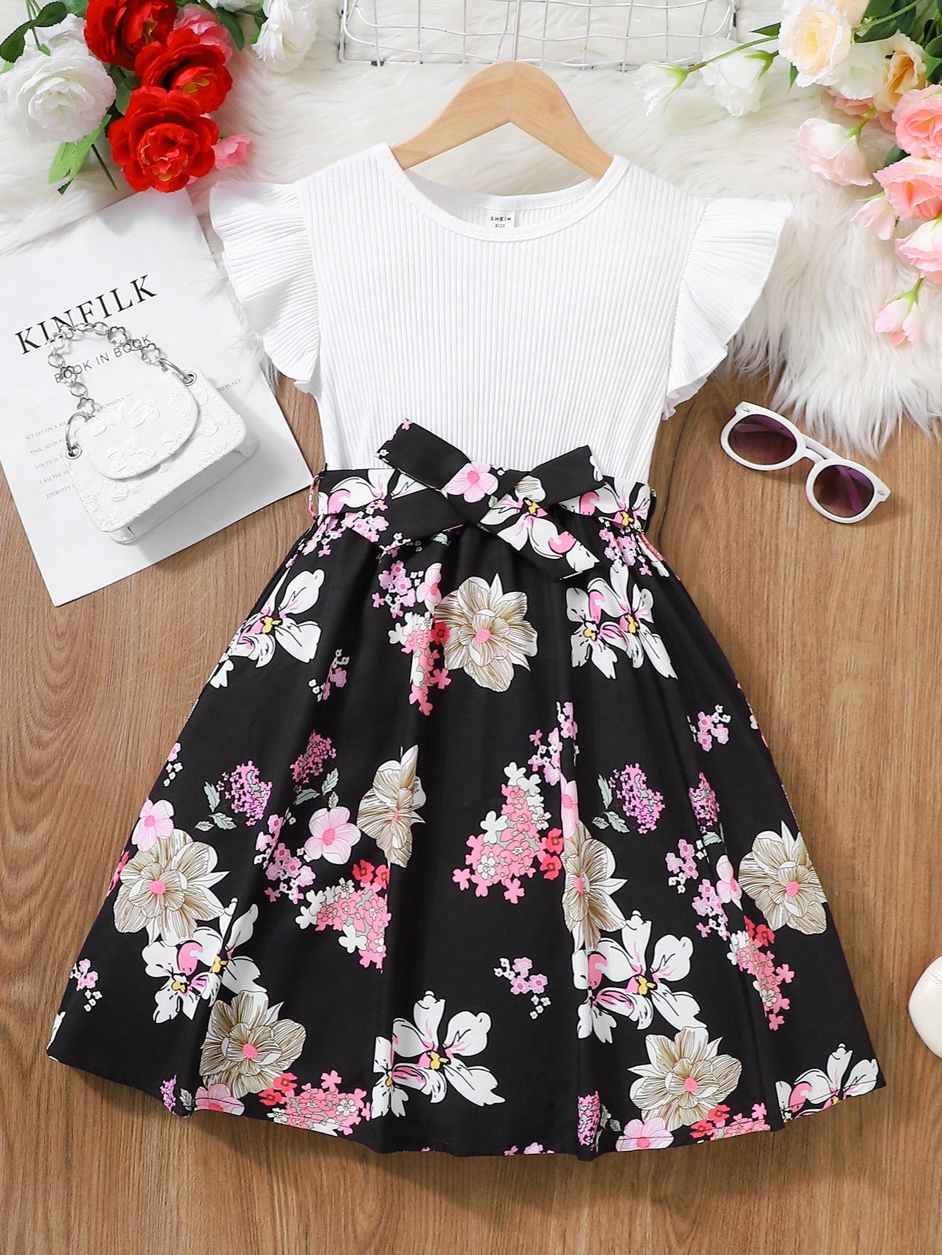 Tween Girl Floral Print Ruffle Trim Dress