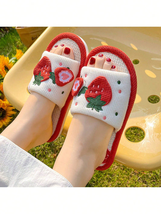 Women's Sweet Strawberry Soft Bottom Linen Slippers, Suitable For All Seasons, Ideal For Indoor Use With Non-Slip And Mute Soles