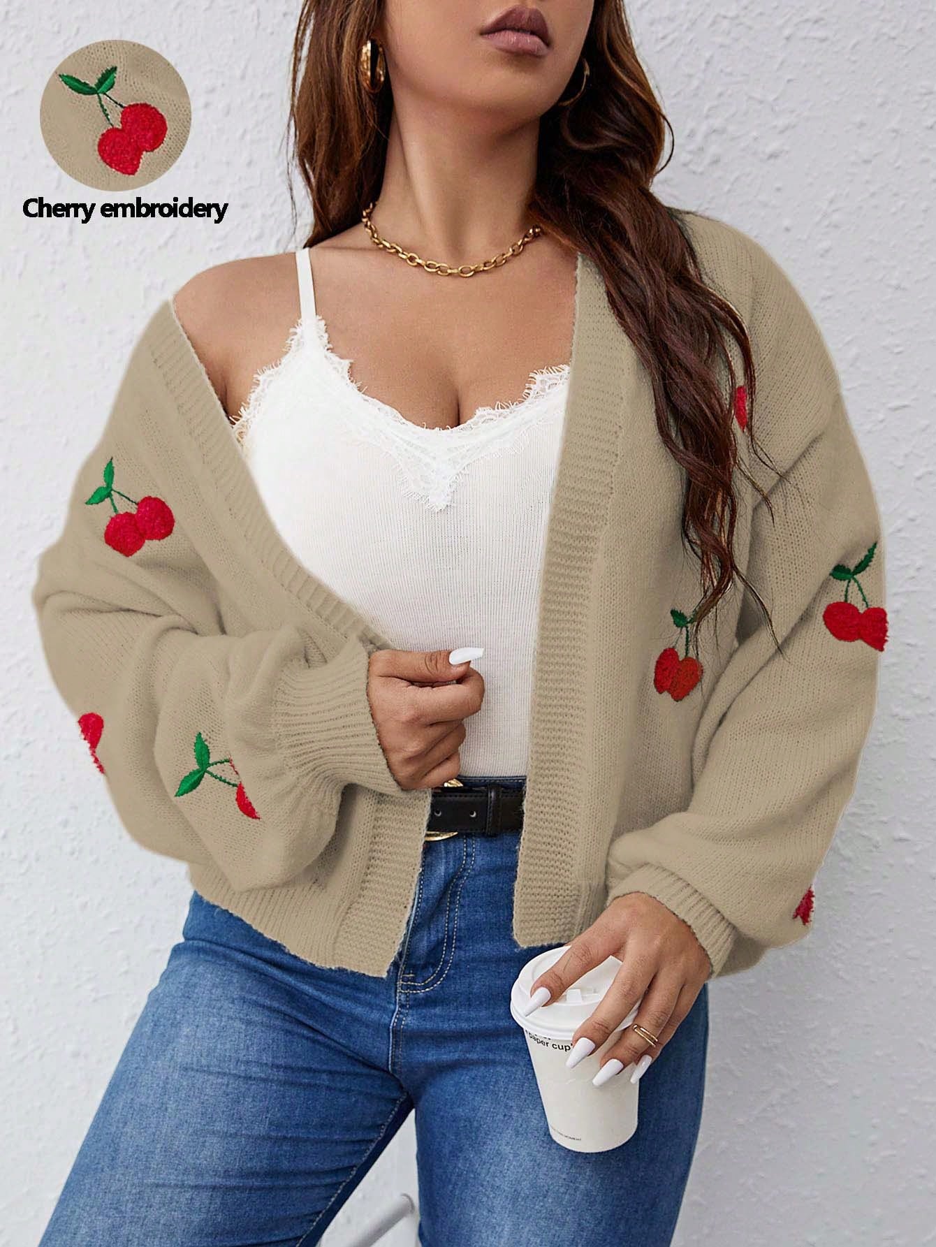 Frenchy Plus Cherry Pattern Balloon Sleeve Duster Cardigan