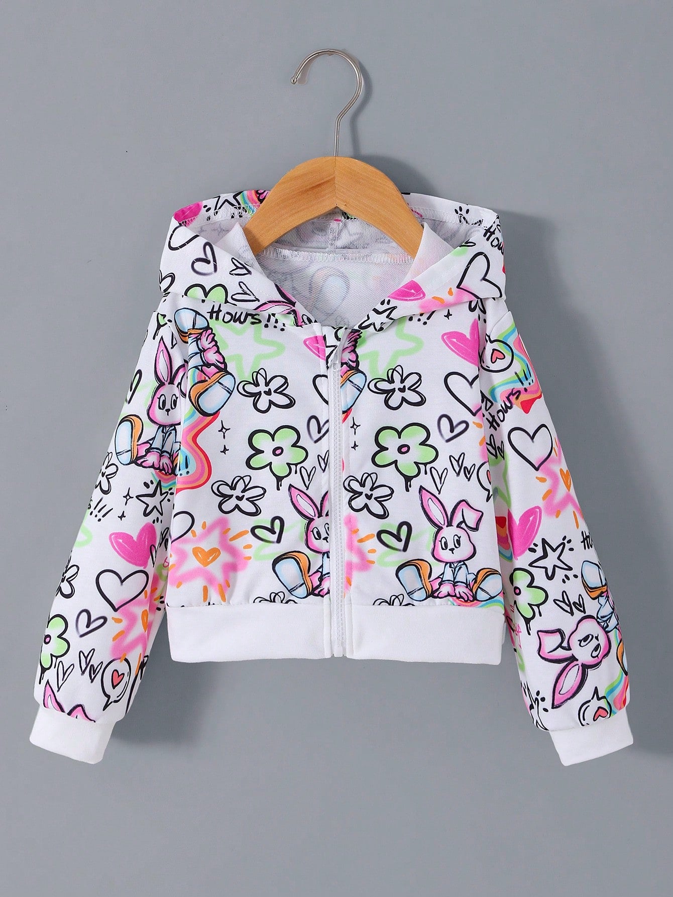 Streecool Kids Girls Colorful Graffiti Pattern Long-Sleeved Hooded Jacket, Trendy And Casual, Suitable For Spring And Autumn