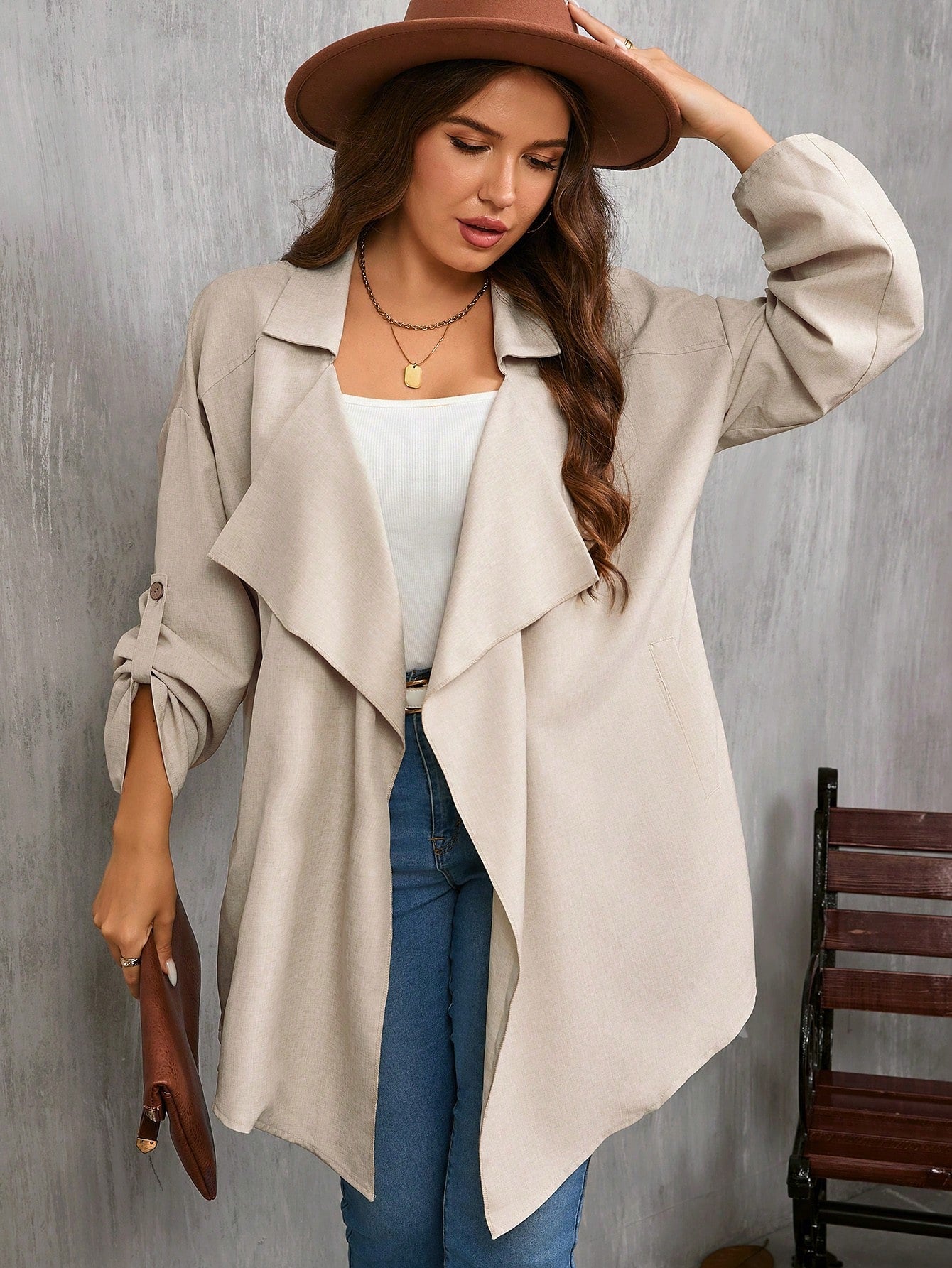 Plus Size Women's Solid Color Asymmetrical Hem Button Cuff Long Sleeve Trench Coat, Spring Autumn