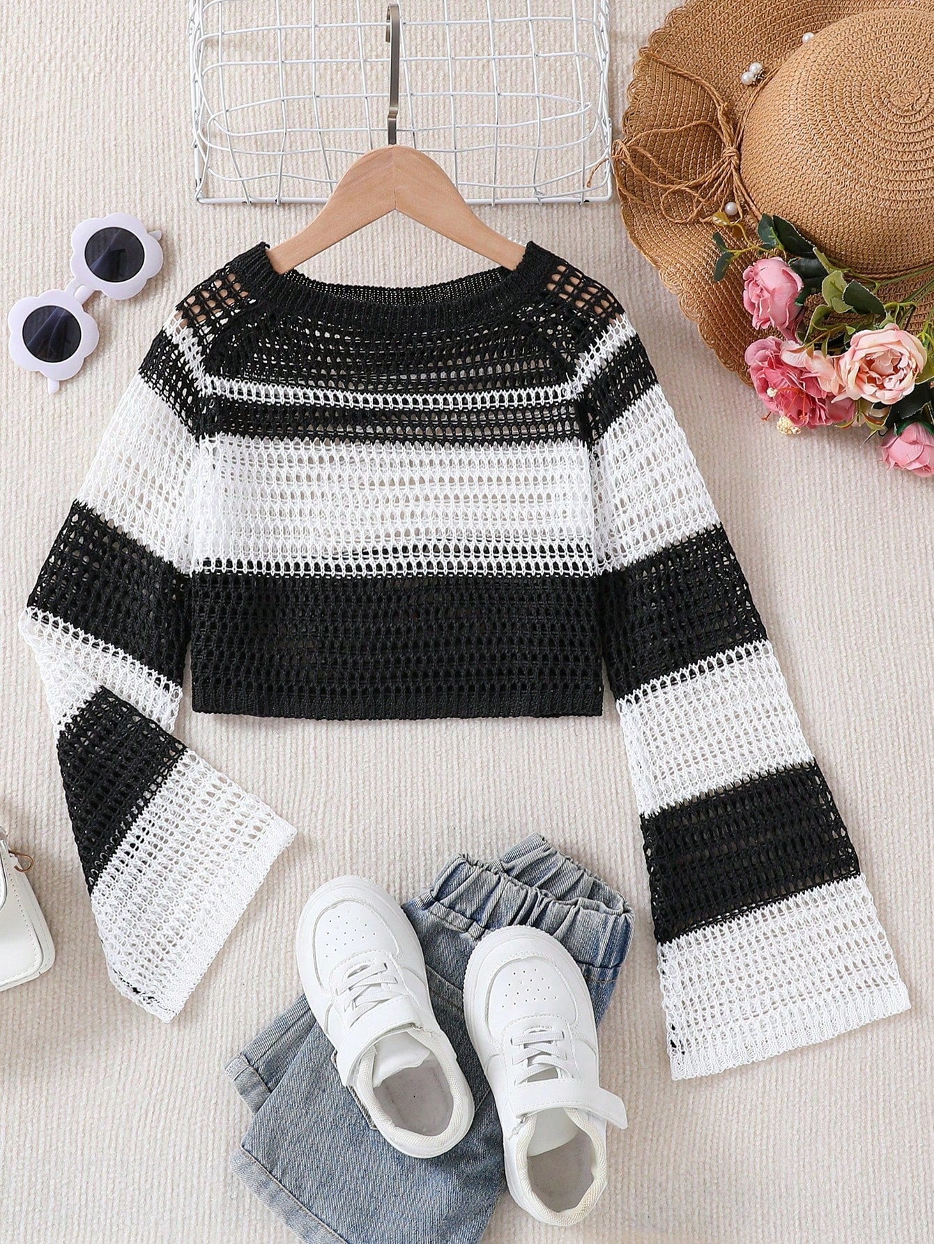 Tween Girl Two Tone Raglan Sleeve Pointelle Knit Sweater