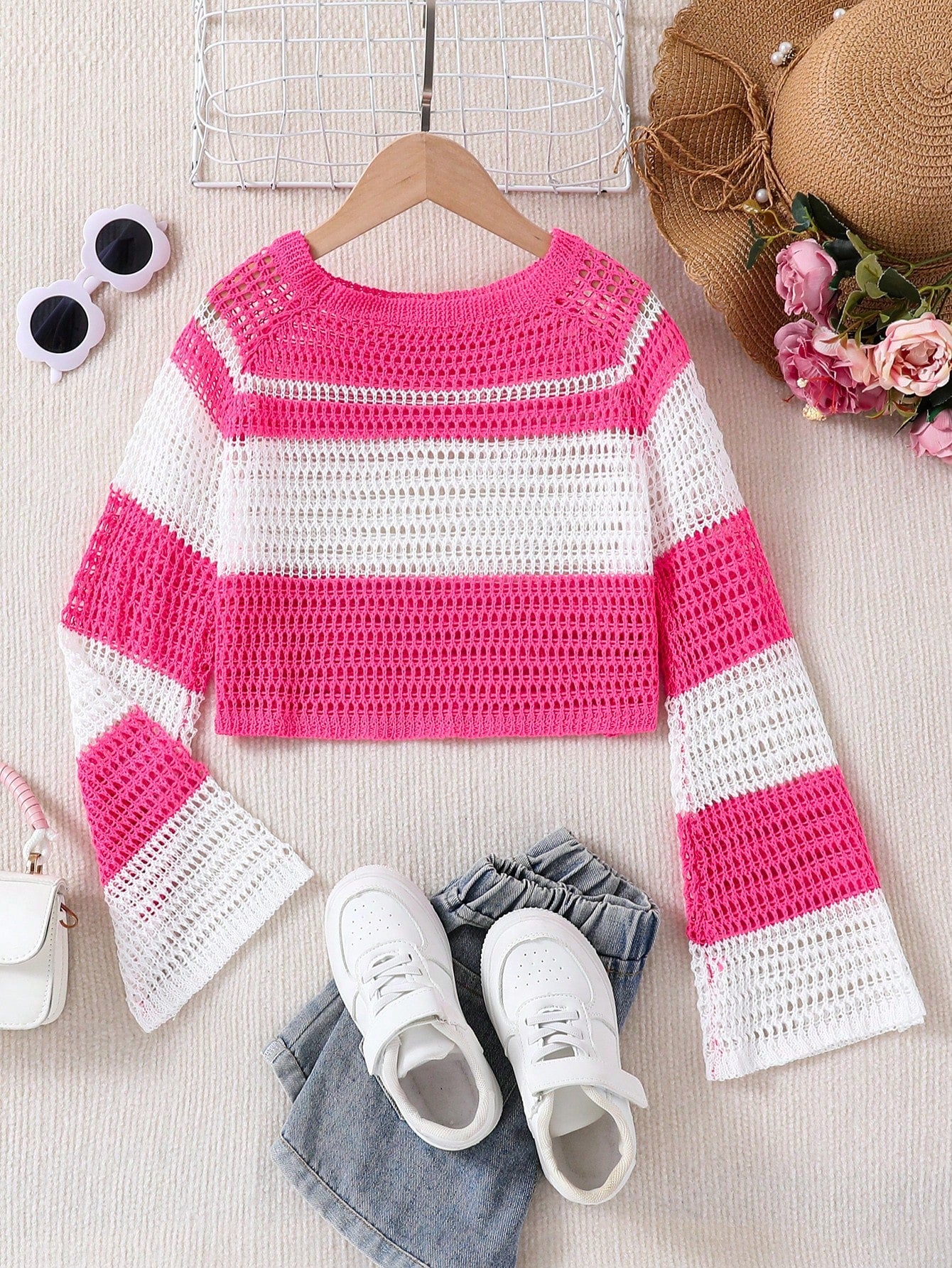 Tween Girl Two Tone Raglan Sleeve Pointelle Knit Sweater