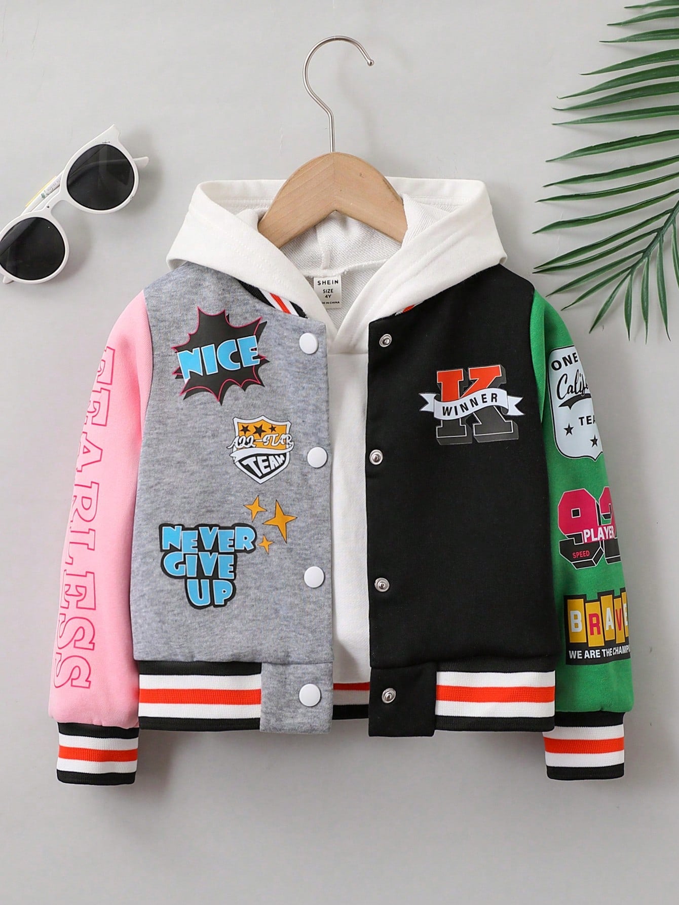 Streecool Kids Young Girl Letter Graphic Colorblock Varsity Jacket Without Hoodie