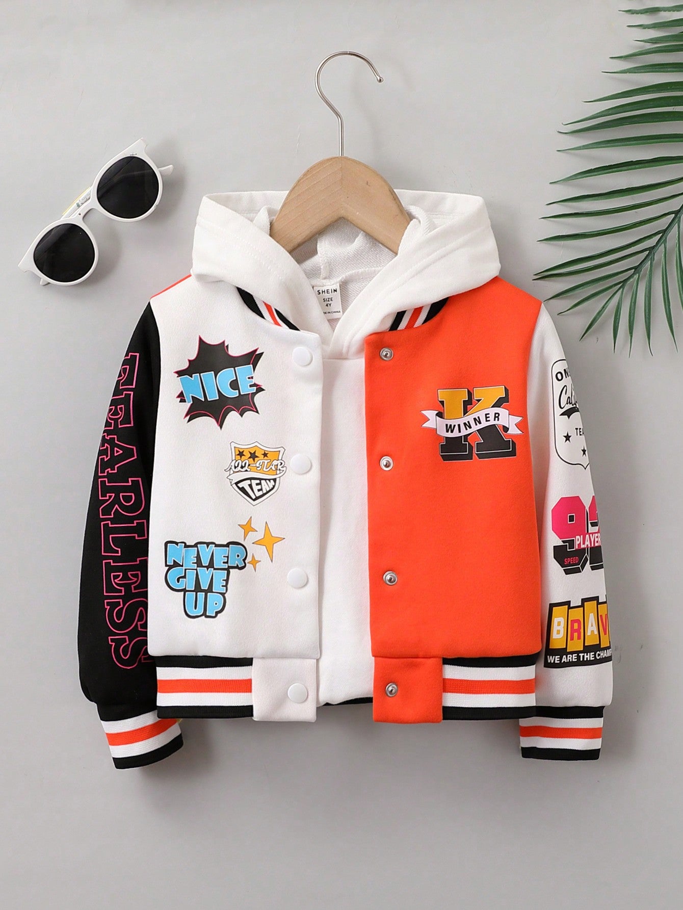 Streecool Kids Young Girl Letter Graphic Colorblock Varsity Jacket Without Hoodie