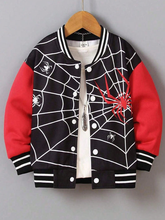 Tween Boys' Casual Color-Block Spiderweb Printed Baseball Collar Jacket, Spring Autumn