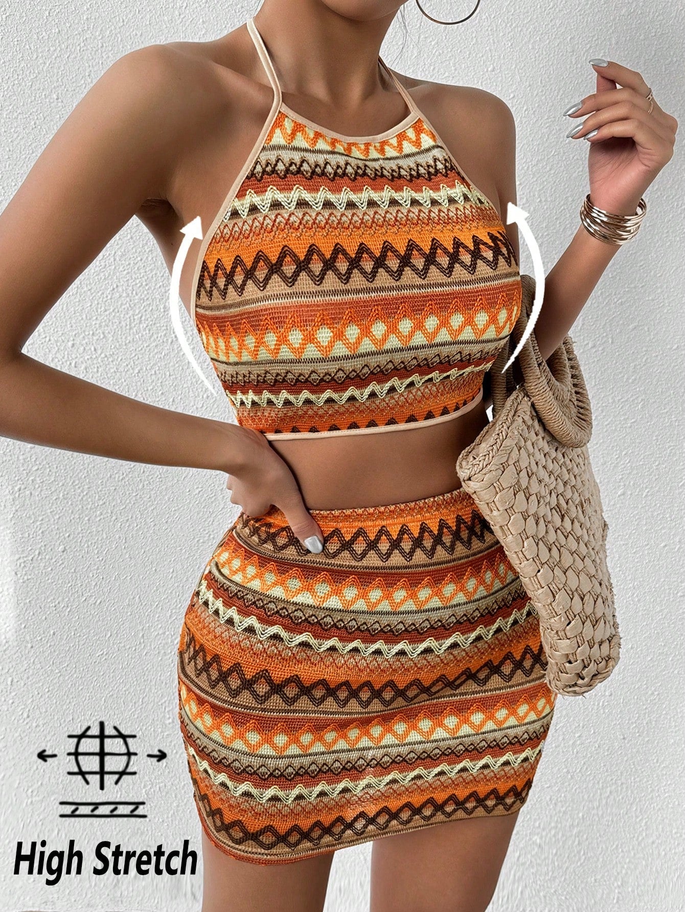 Women's Geometric Printed Halter Neck Tank Top And Skirt Set