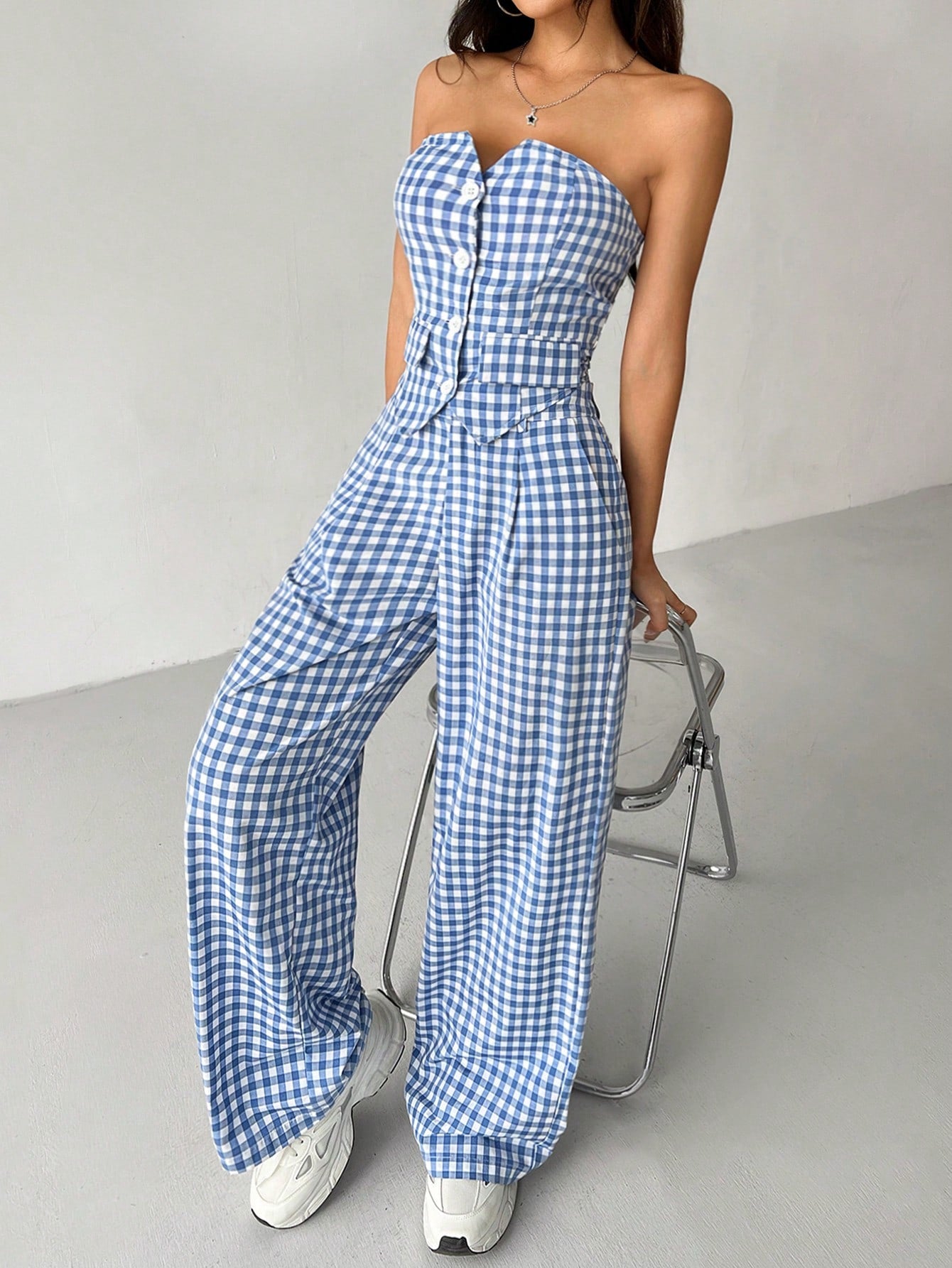 Women Summer Loose Casual Two-Piece Set With Single-Breasted Bustier With Asymmetrical Hem And Pleated Pants