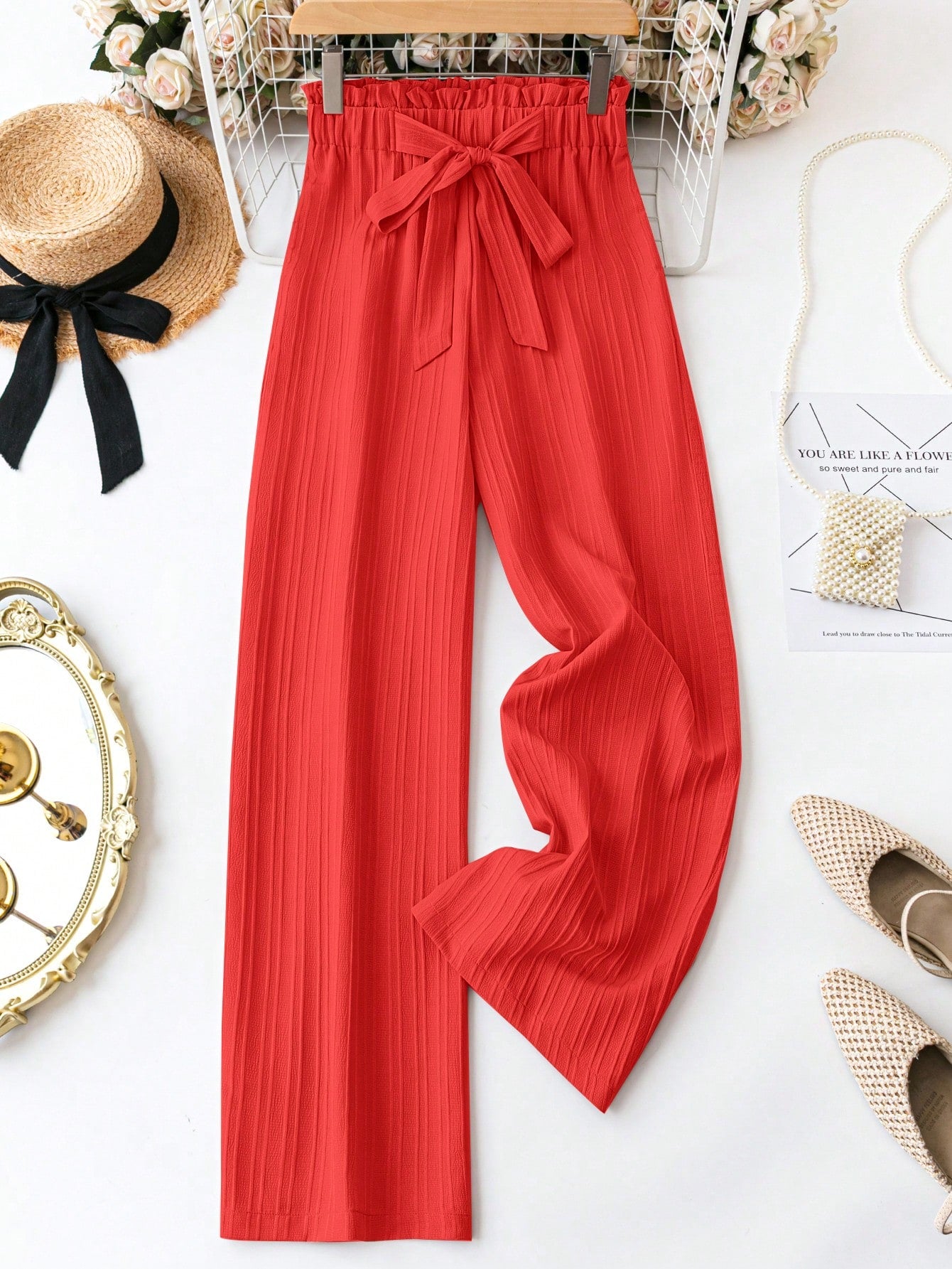 Ladies' Solid Colored Textured Paper Bag Waist Long Pants