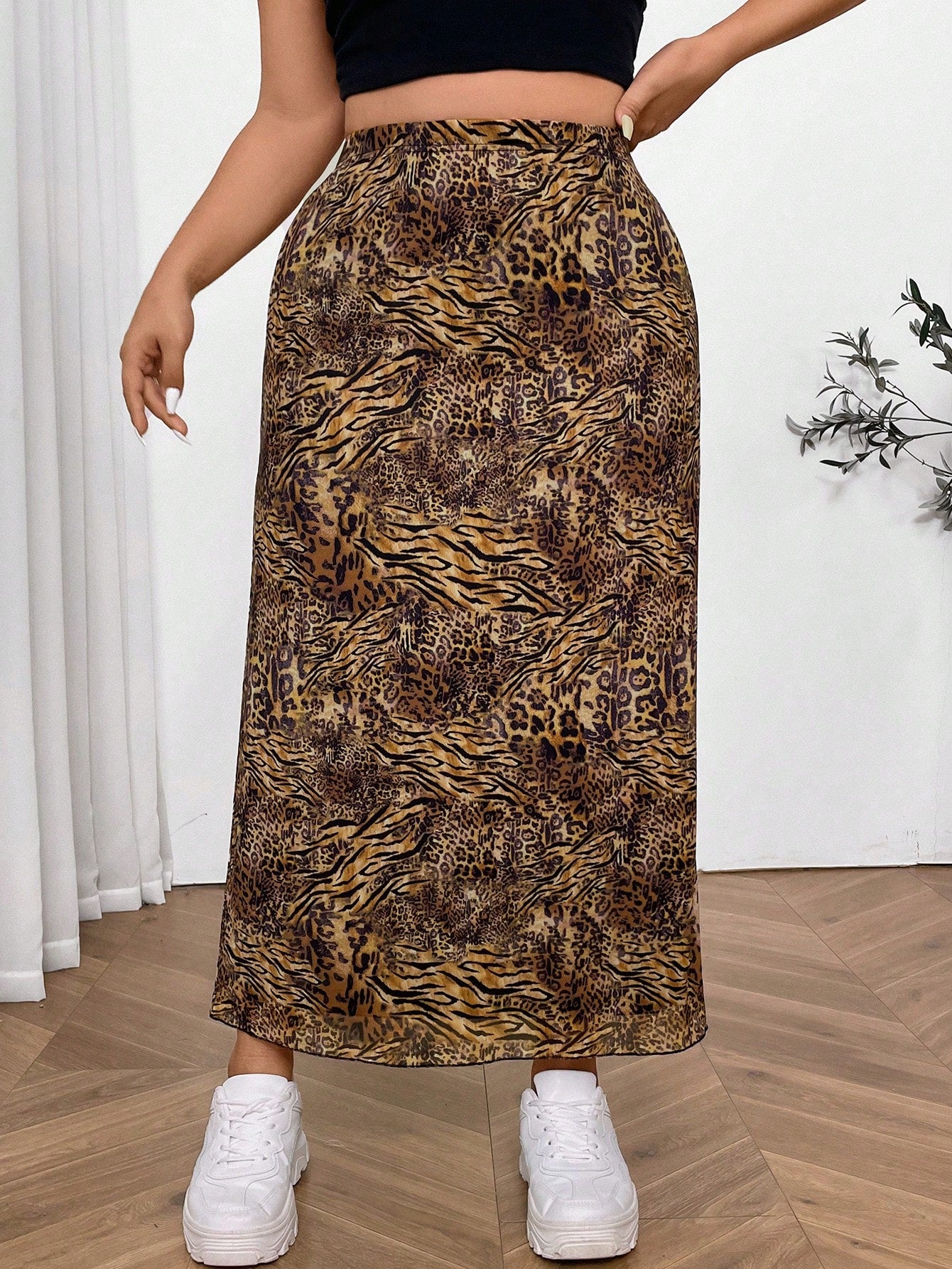 Plus Size Vintage Leopard Print Mesh Long Midi Skirt