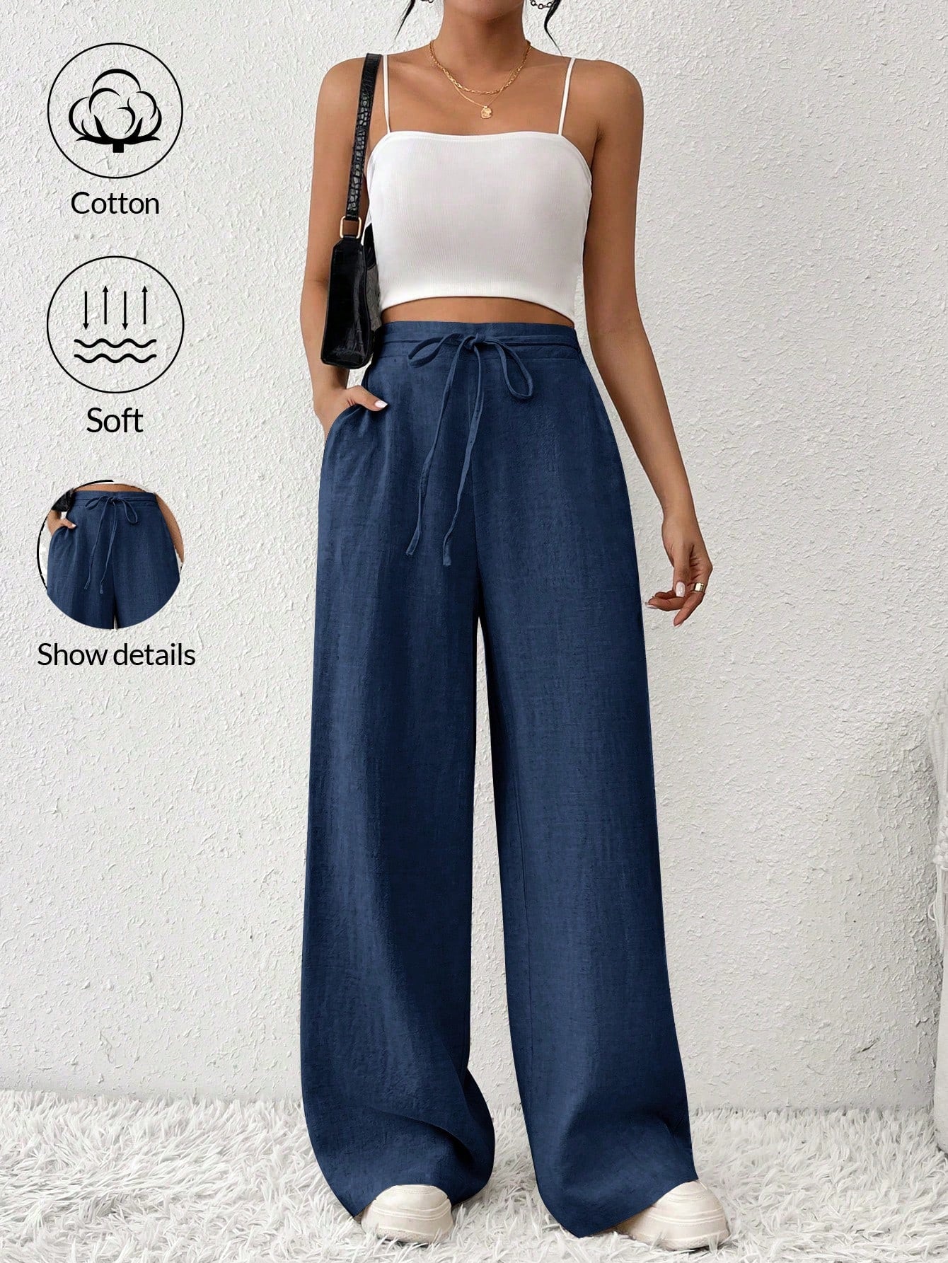 Frenchy Women's Drawstring Pocket Straight Wide-Leg Comfortable Casual Elegant Pants  Linen Striped Trousers  Teacher Pants  Teacher Clothes Fall Outfits  Back To School   Commute  Minimalist Office   Old Money Simple  Commute Minimalist Office Old Money