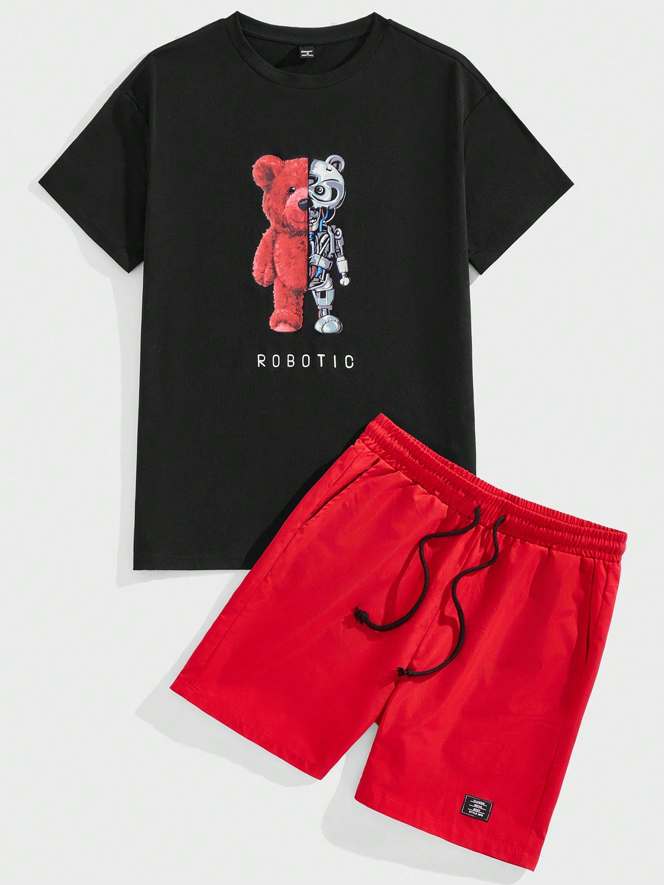 Men's Knitted Short Sleeve Bear & Letter Printed T-Shirt And Woven Shorts 2pcs/Set