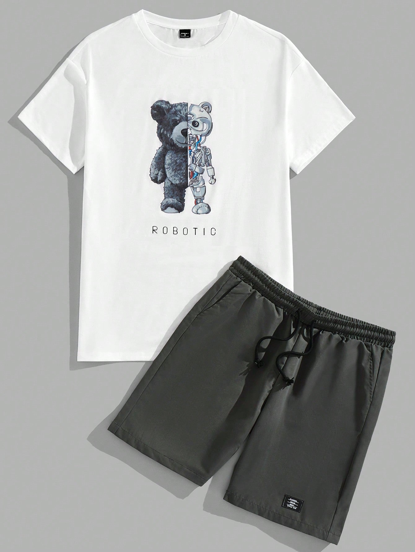 Men's Knitted Short Sleeve Bear & Letter Printed T-Shirt And Woven Shorts 2pcs/Set