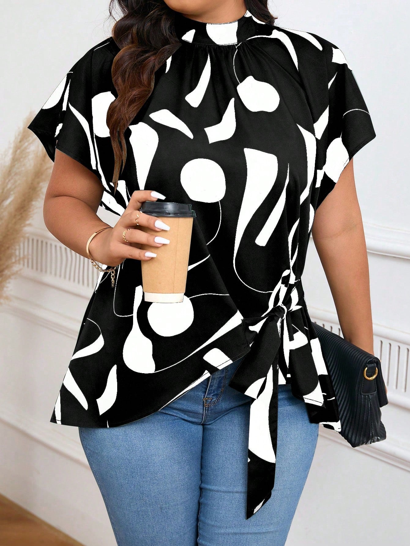 Fashionable Plus Size Women's Stand Collar Asymmetrical Printed Waist-Cinched Shirt