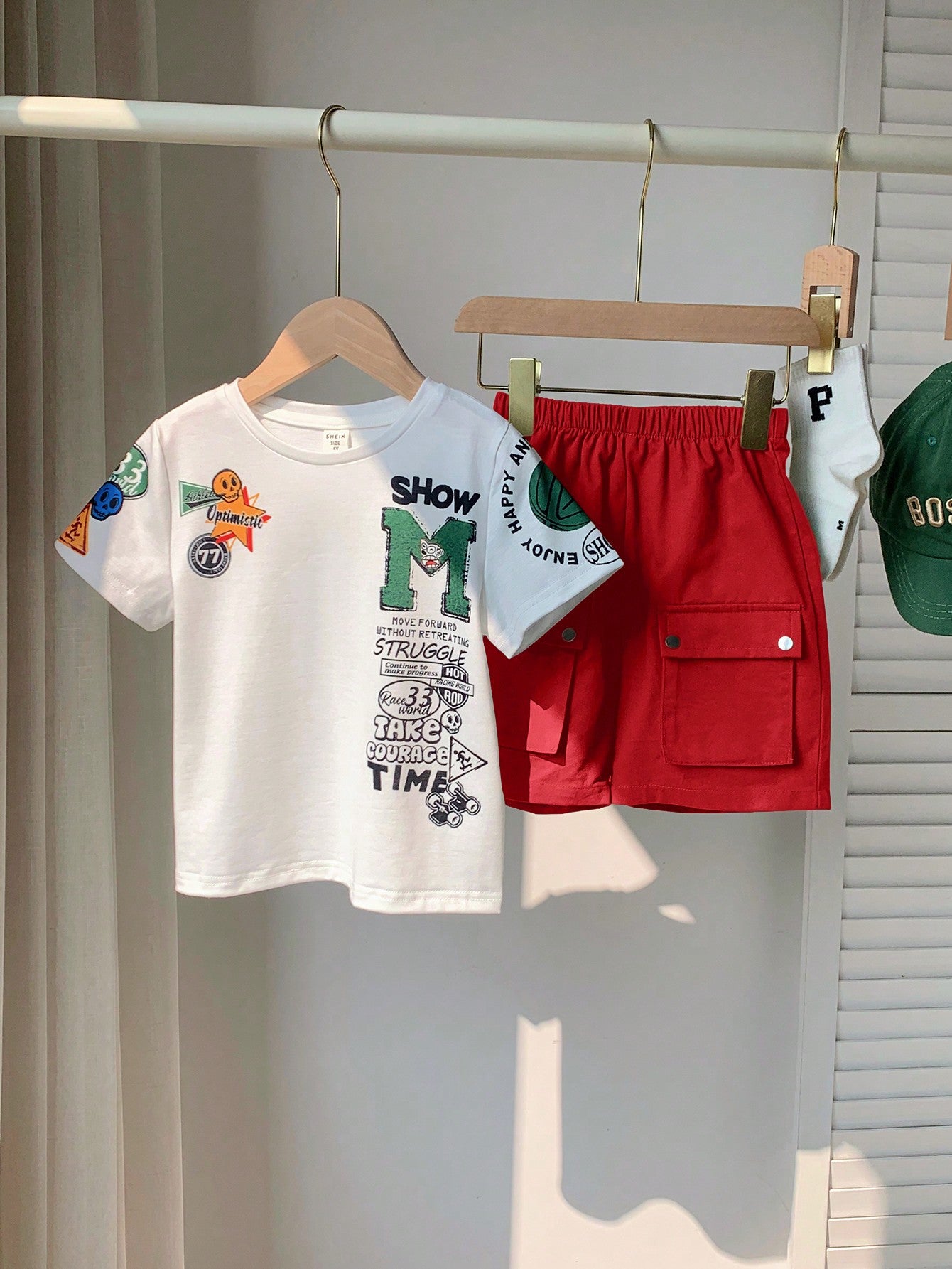 2pcs/Set Young Boy Casual Street Style Letter Printed Short Sleeve T-Shirt And Utility Pocket Shorts, Suitable For Spring And Summer, Suitable For Street, School And Outdoor Activities