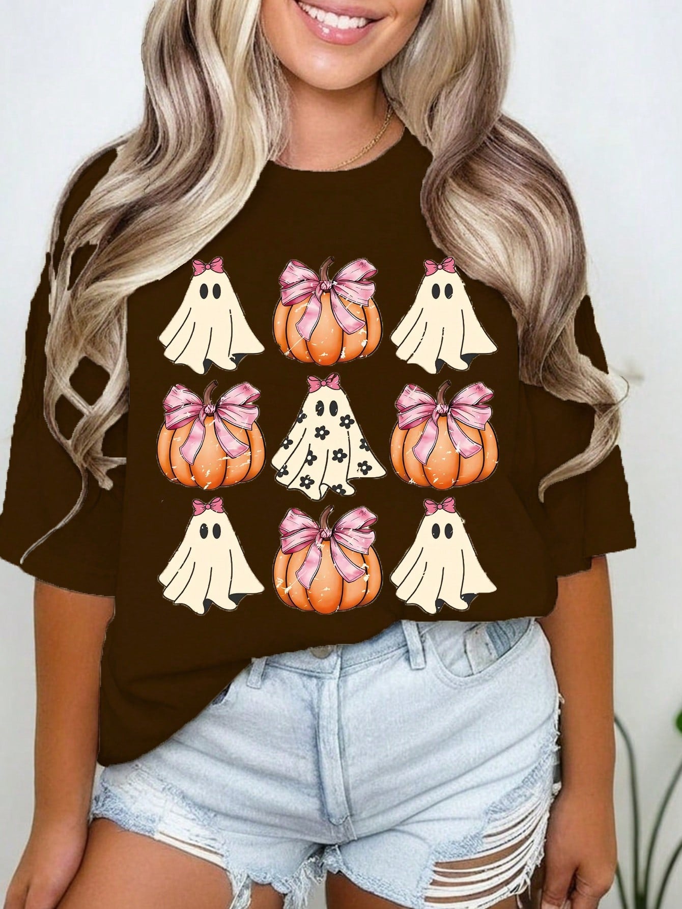 Plus Size Crew Neck Pumpkin Printed Short Sleeve Top, Casual Everyday Wear