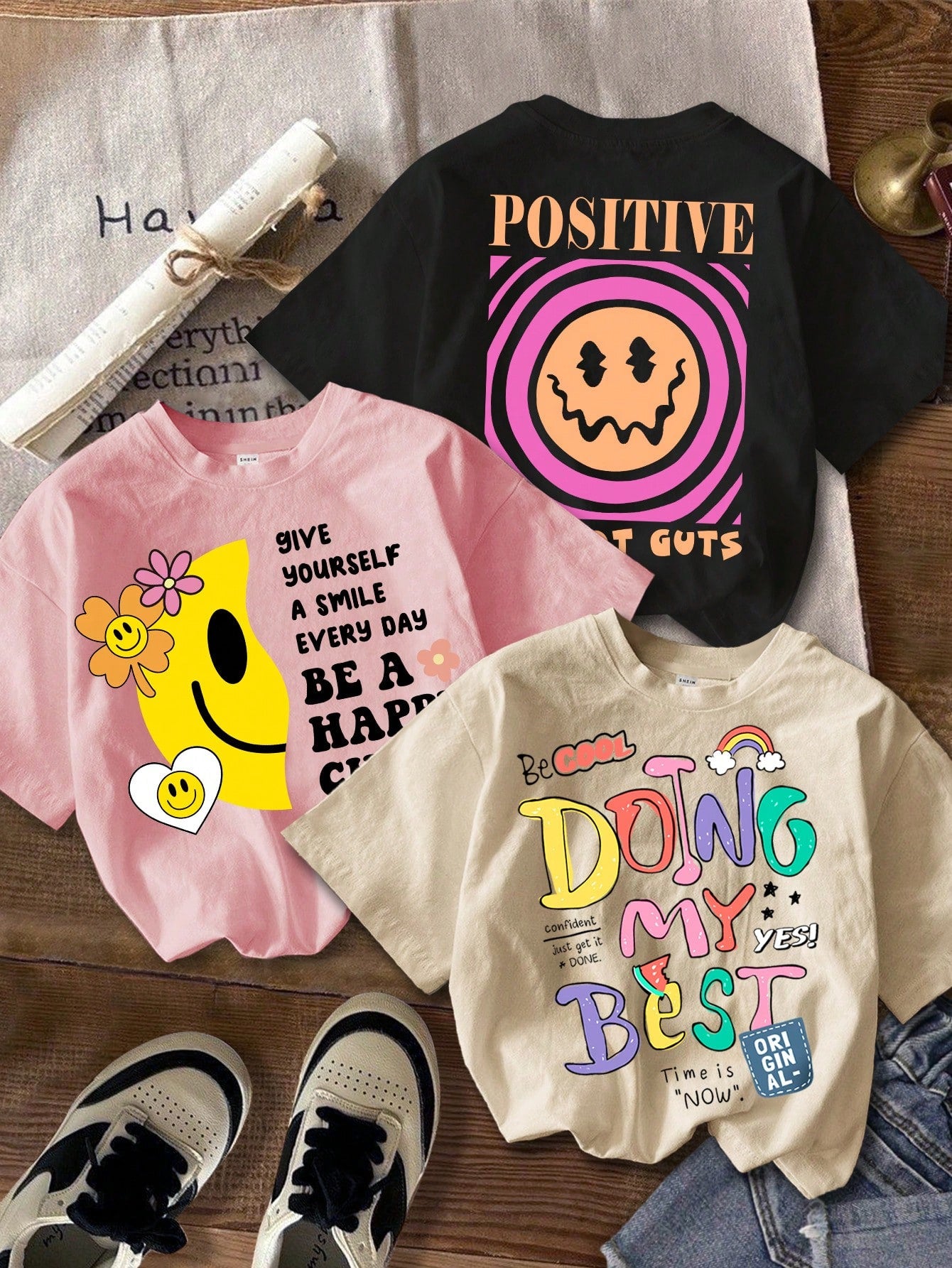 Simple And Cute Casual Cartoon Smile Face And Letter Printed Short Sleeve T-Shirt Set In White, Black, And Pink Colors. Suitable For Summer Back To School Outfits, Cute Shirts And Funny Tops For Tween Girls