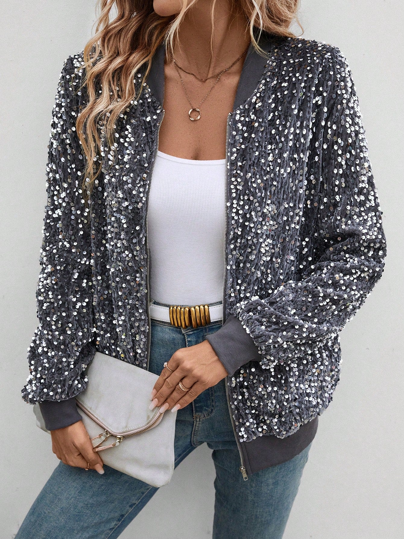 Sequin Halloween  BurgundyWomen's Spring & Autumn Casual Commuter Sequins Rapper Baseball Burgundy Jacket