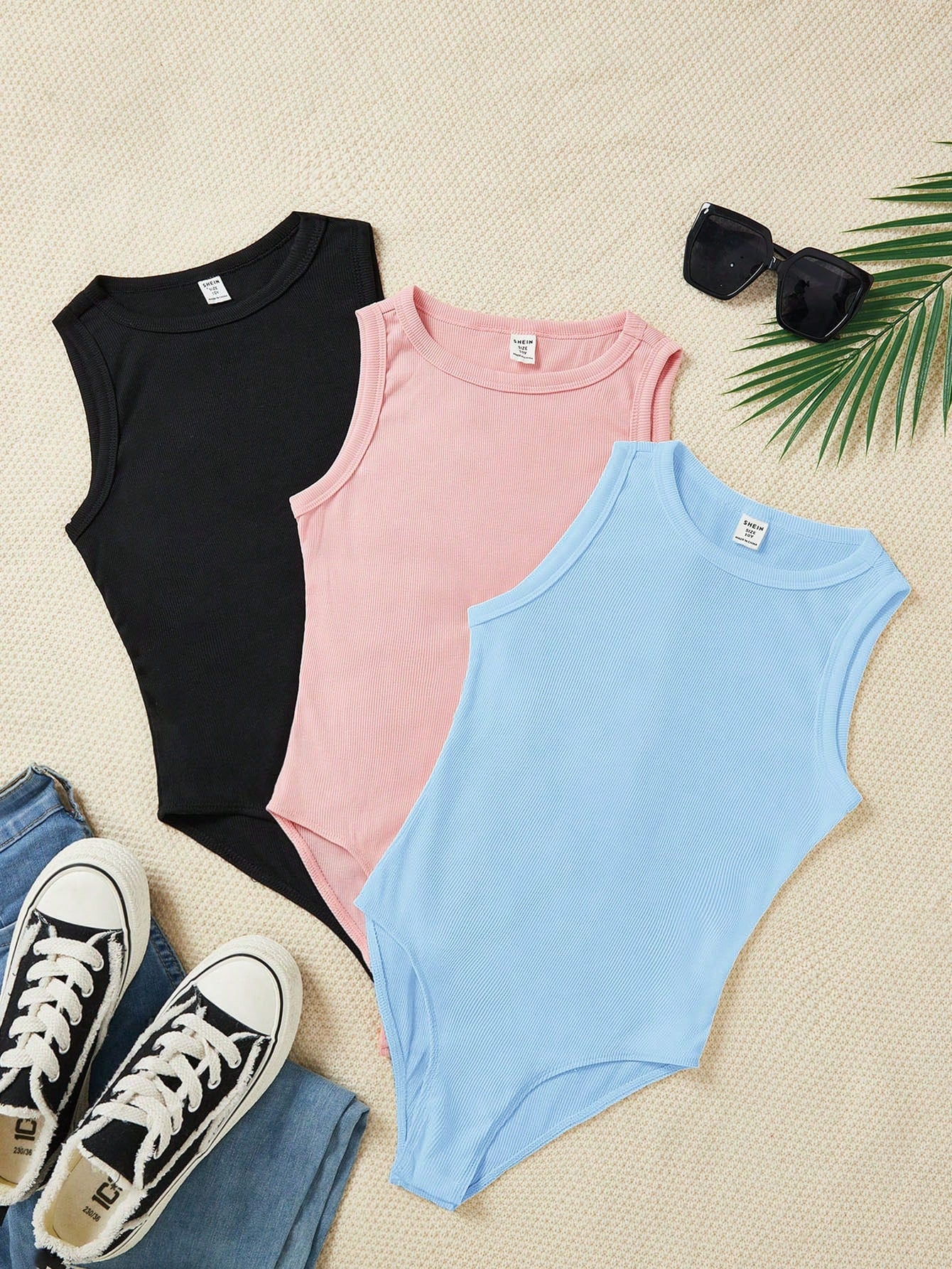 Tween Girl 3Pcs Knitted Monochromatic Round Neck Sleeveless Bodysuit Set