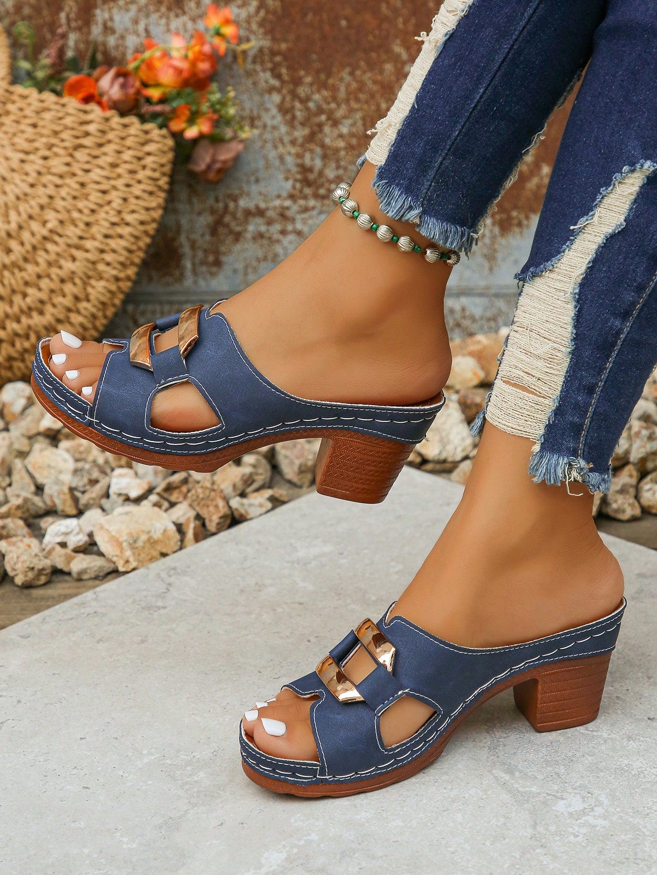 Plus Size Women's 36-43 Orange Metal Buckle High Heel Open Toe Sandals, Summer New Fashion Elegant Daily Wear Chunky Heel PU Leather Sandals