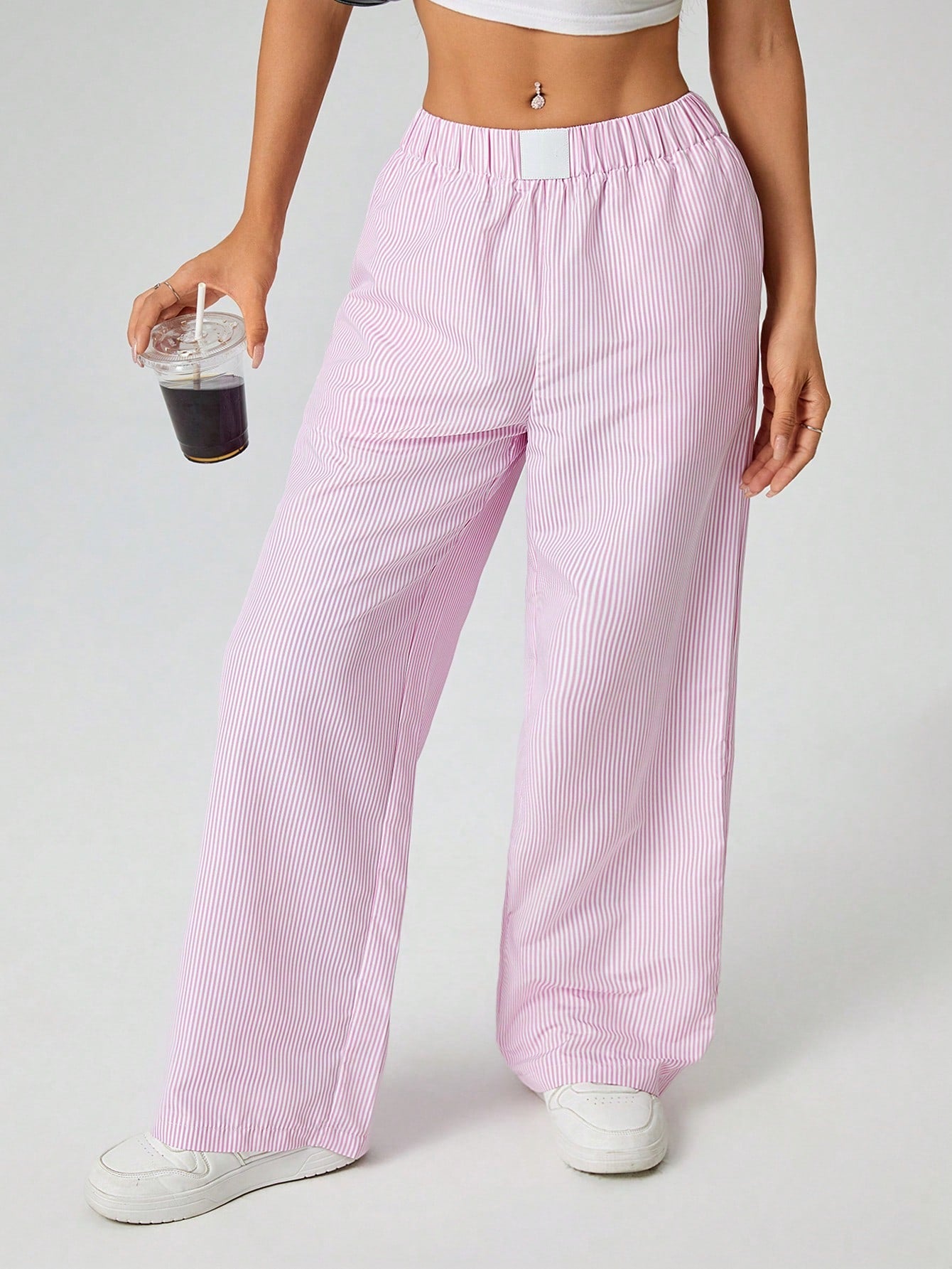 Loose Wide Leg Pink Striped Pants With Double Foldable Waistband