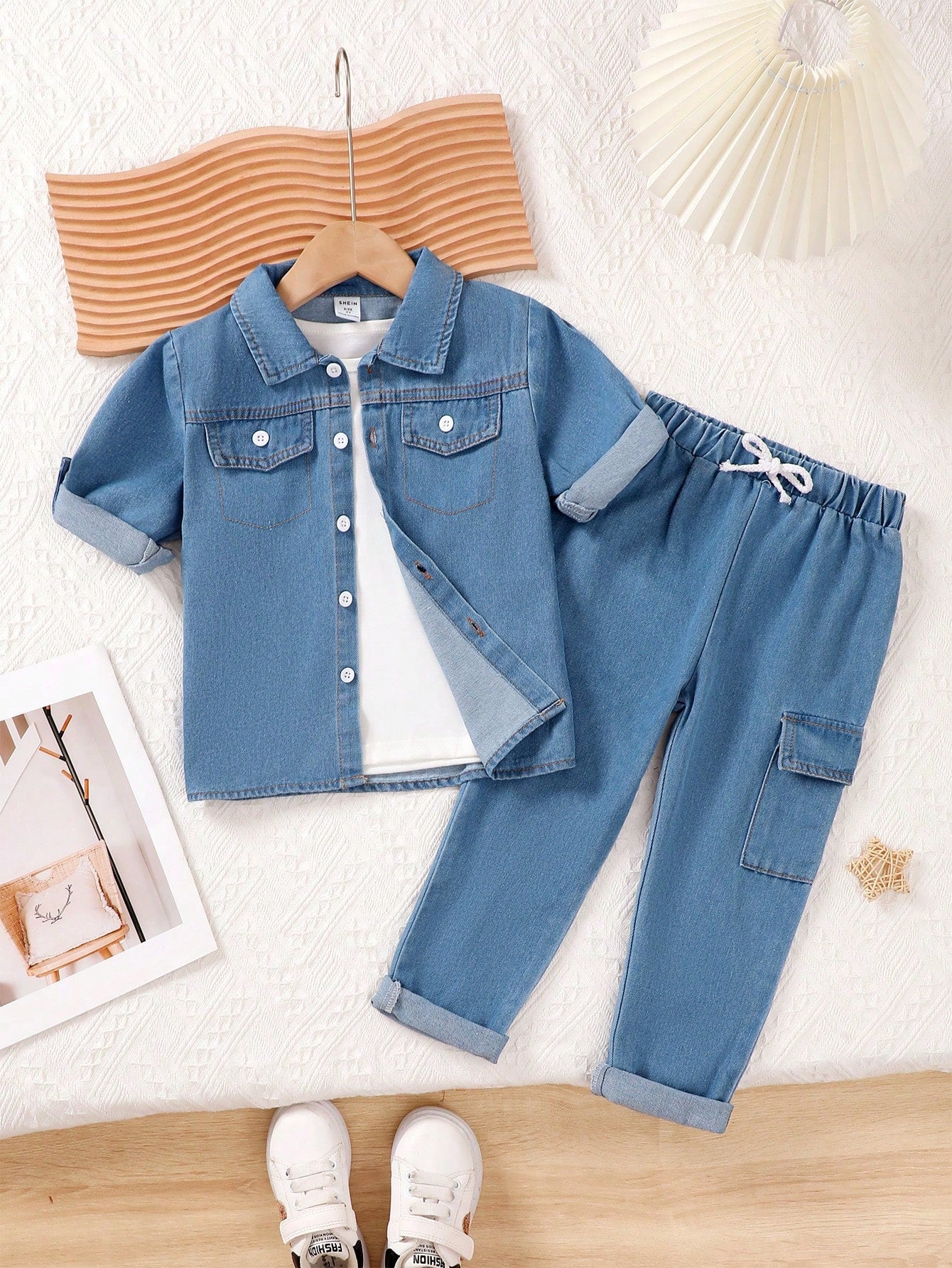 Toddler Boys' Long Sleeve Casual Shirt + Denim Work Pants 2pcs/Set