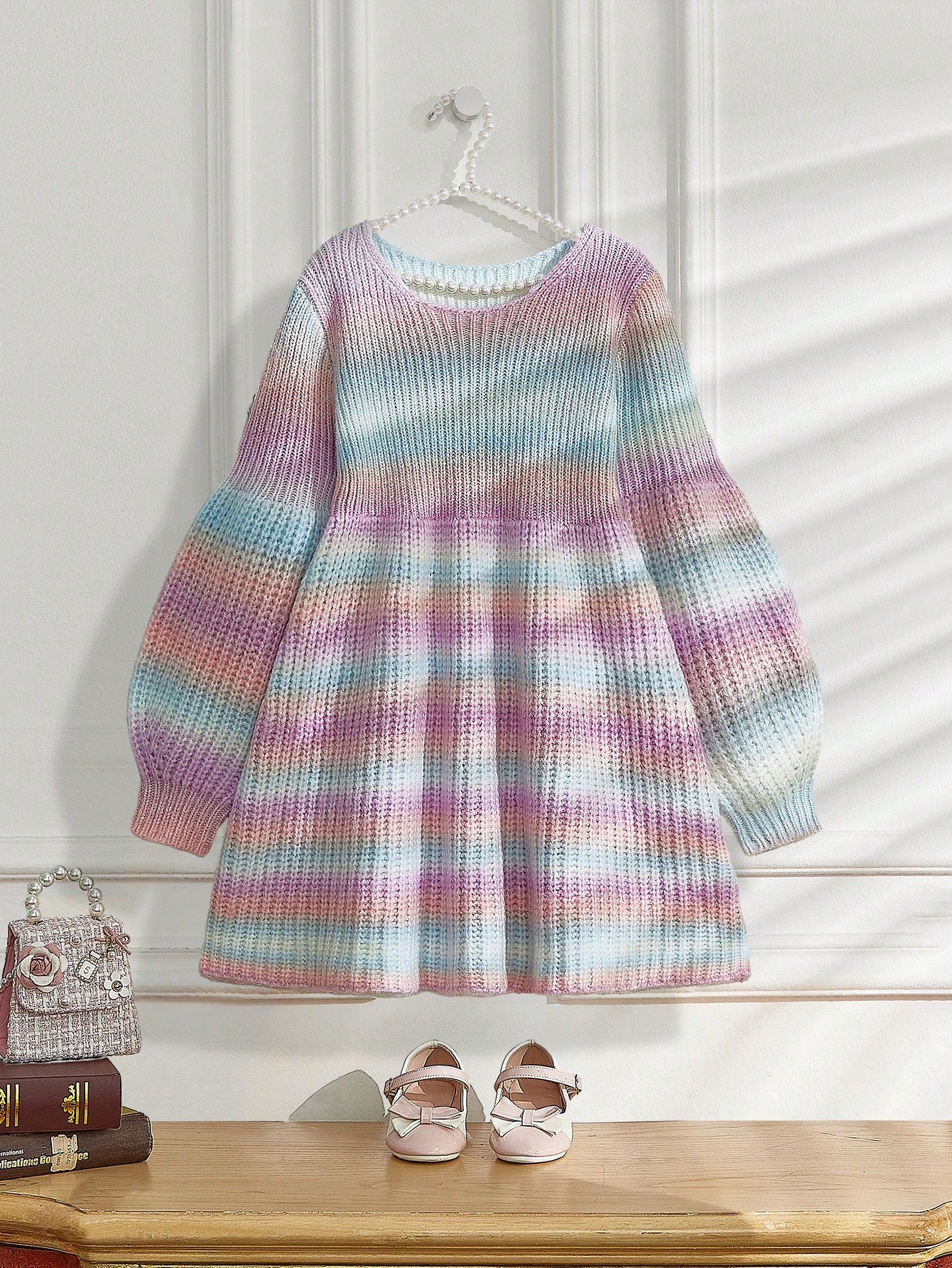 Girls' French Lantern Sleeve Knit Dress With Gradual Color Change, Suitable For Autumn And Winter, Sweet, Fashionable, Soft And Comfortable, Suitable For Home, School, Shopping And Parties