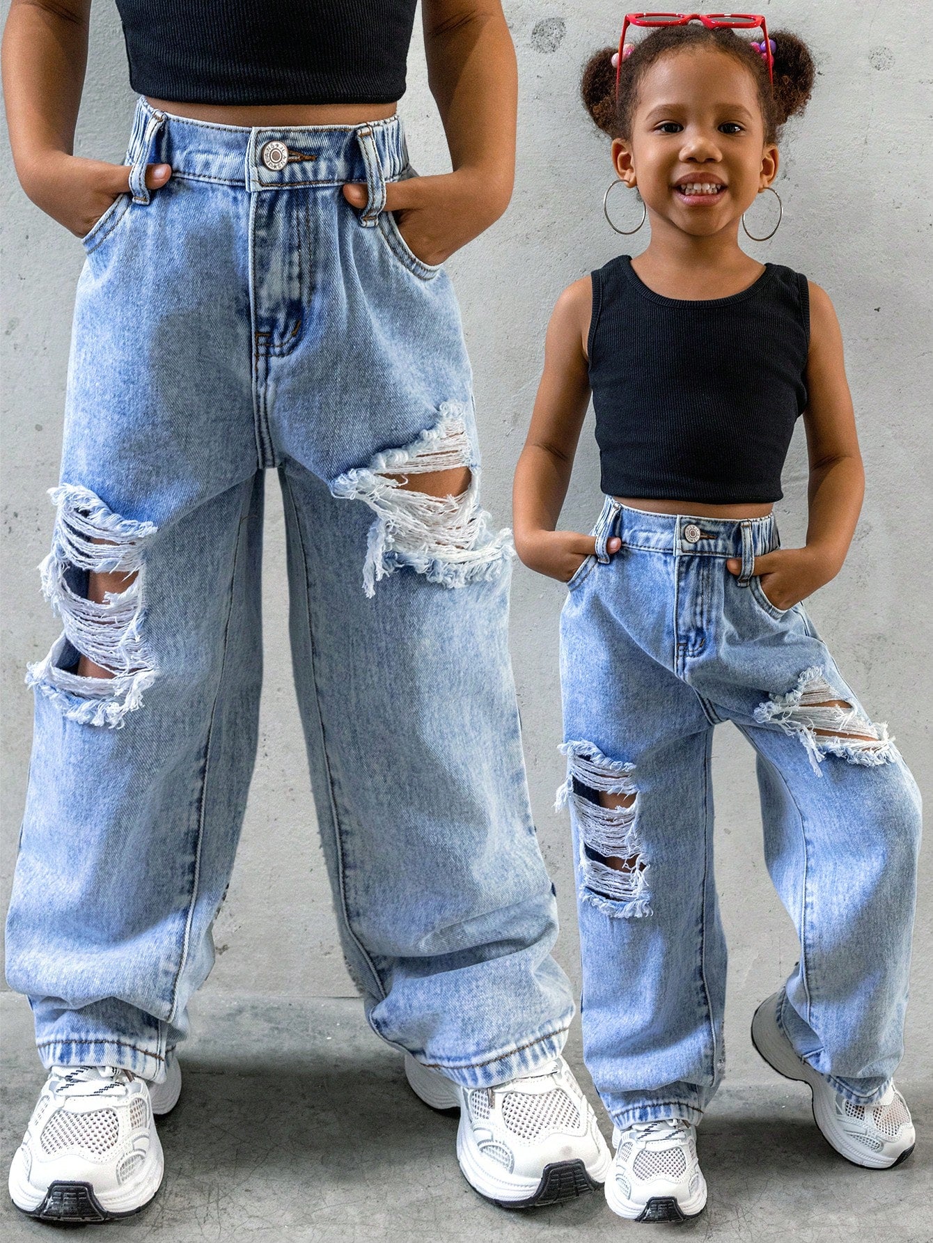 Streecool Kids Young Girl New Casual And Stylish Light Blue Distressed Washed Straight Leg Jeans