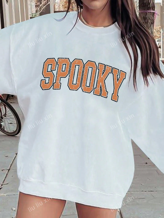 Fall SPOOKY Lettering Printed Round-Necked Long-Sleeved Casual With A Solid Color Sweater