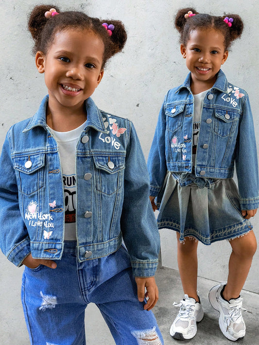 Girls' (Small) Washed Denim Jacket & Coat, Casual Fashionable Printed Design