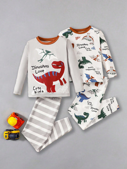 Young Boy Snug Fit Cartoon Dinosaur Pattern Striped Color Block Round Neck Long Sleeve Top And Pants, Knitted, Comfortable And Skin-Friendly, 2pcs Home Pajama Set