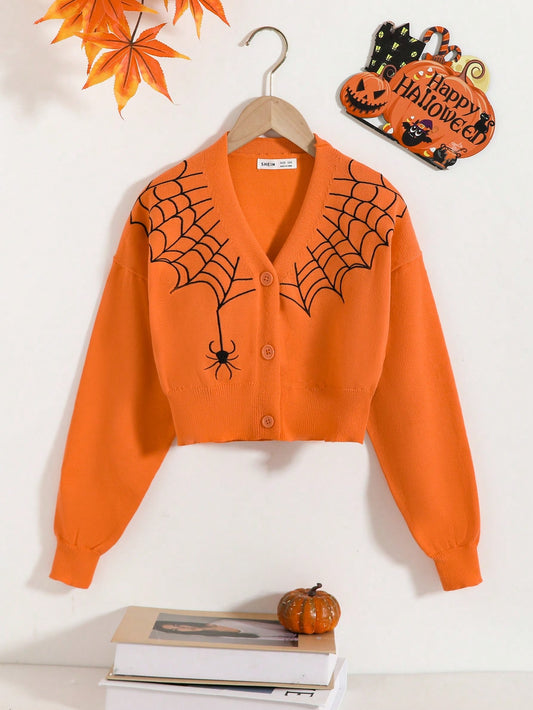 Girls' Oversized Cardigan Sweater With Spider Web Embroidery, Casual Cozy Knit Jacket Suitable For Halloween, Party, Outing, Picnic, Shopping, School, Cropped Orange Design To Showcase Curves, Easy On/Off