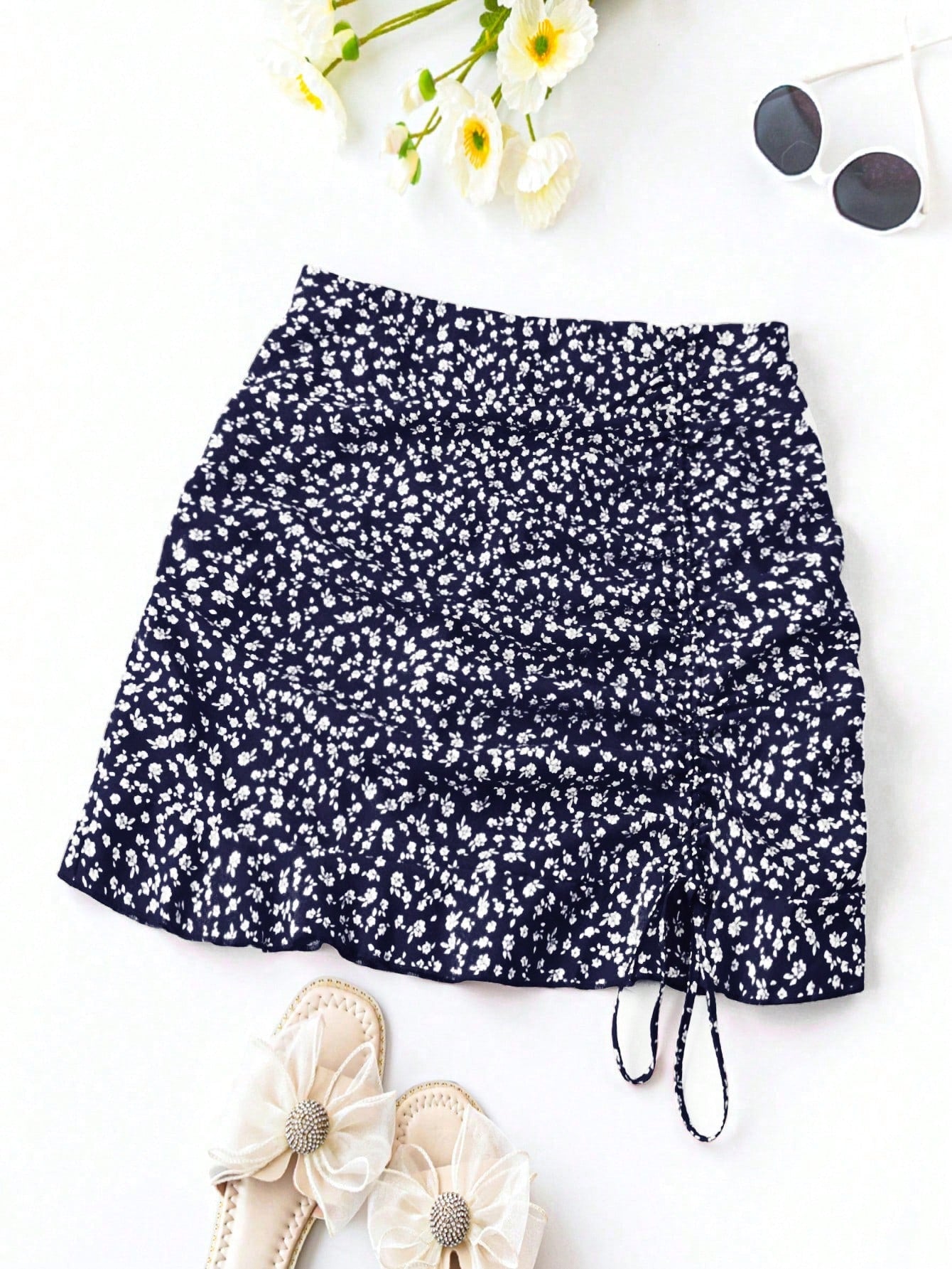 Plus Size Summer Casual Vacation Ditsy Floral Print Drawstring Detail Skirt