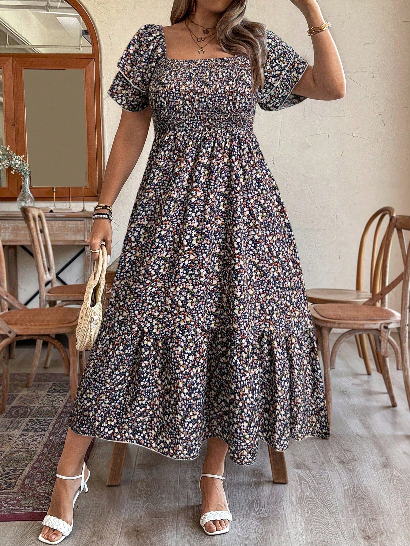 Plus Size Vacation/Leisure Ditsy Floral Print Dress With Cinched Waist